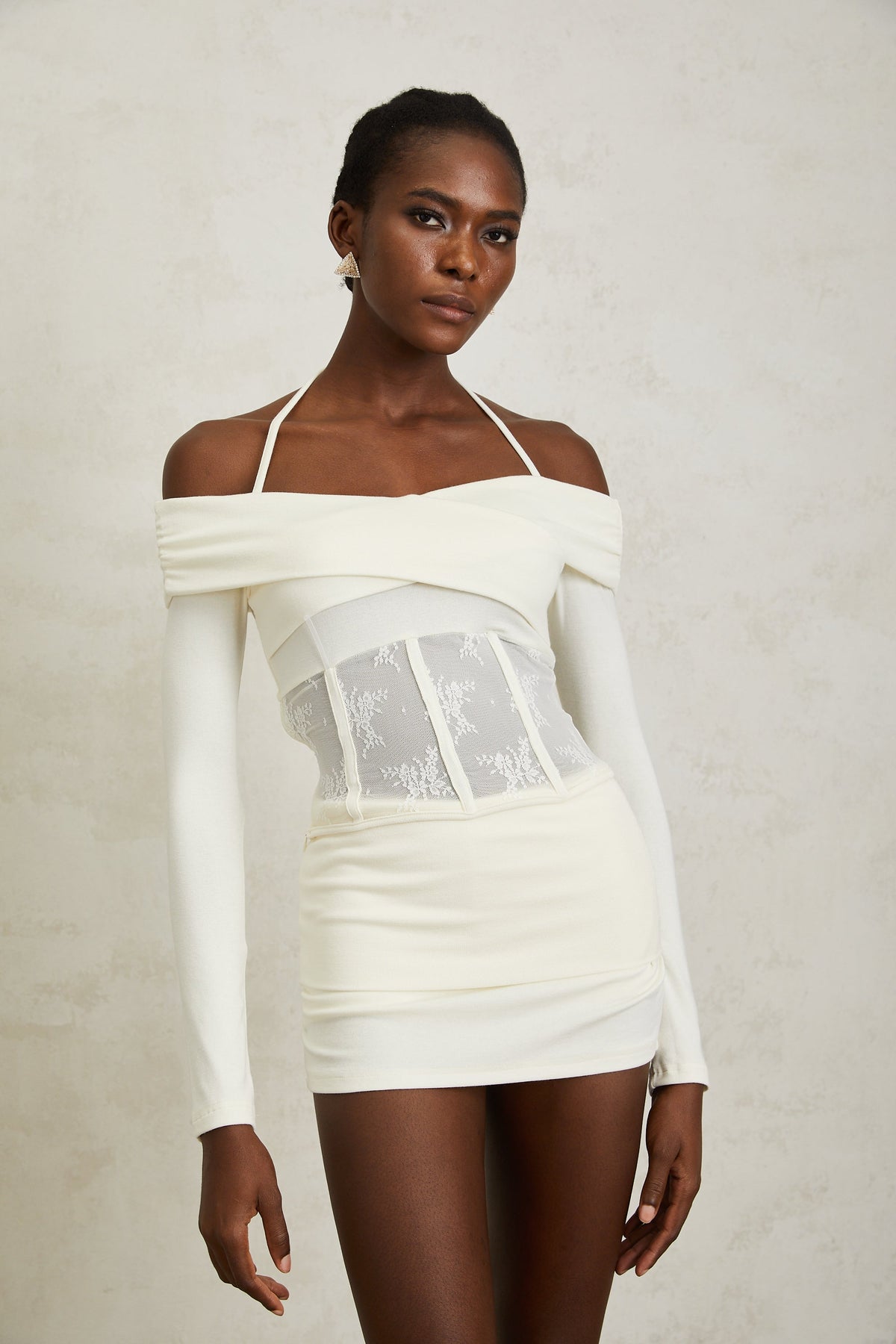 Coralie White Lace Panel Knit Blouse & Skirt Set