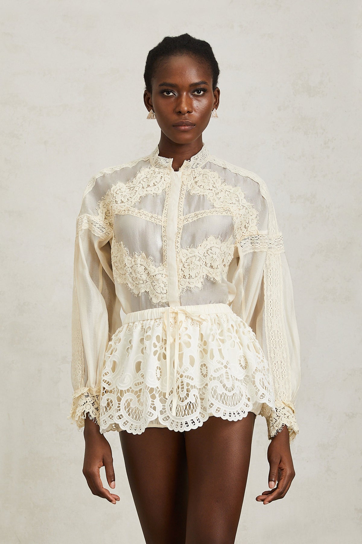 Noa Neutral Floral Lace Blouse & Skirt Set