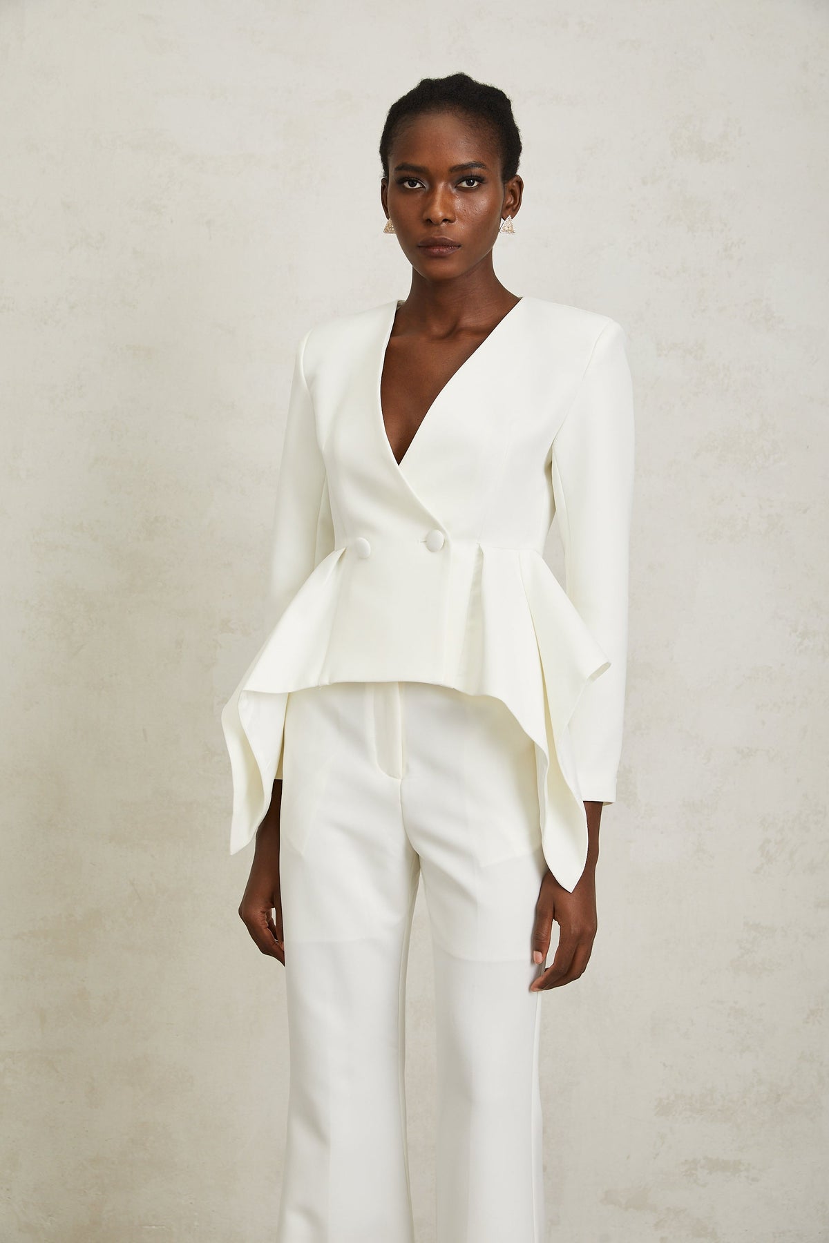 Luisa White Peplum Ruffled Waist Jacket & Trousers Set