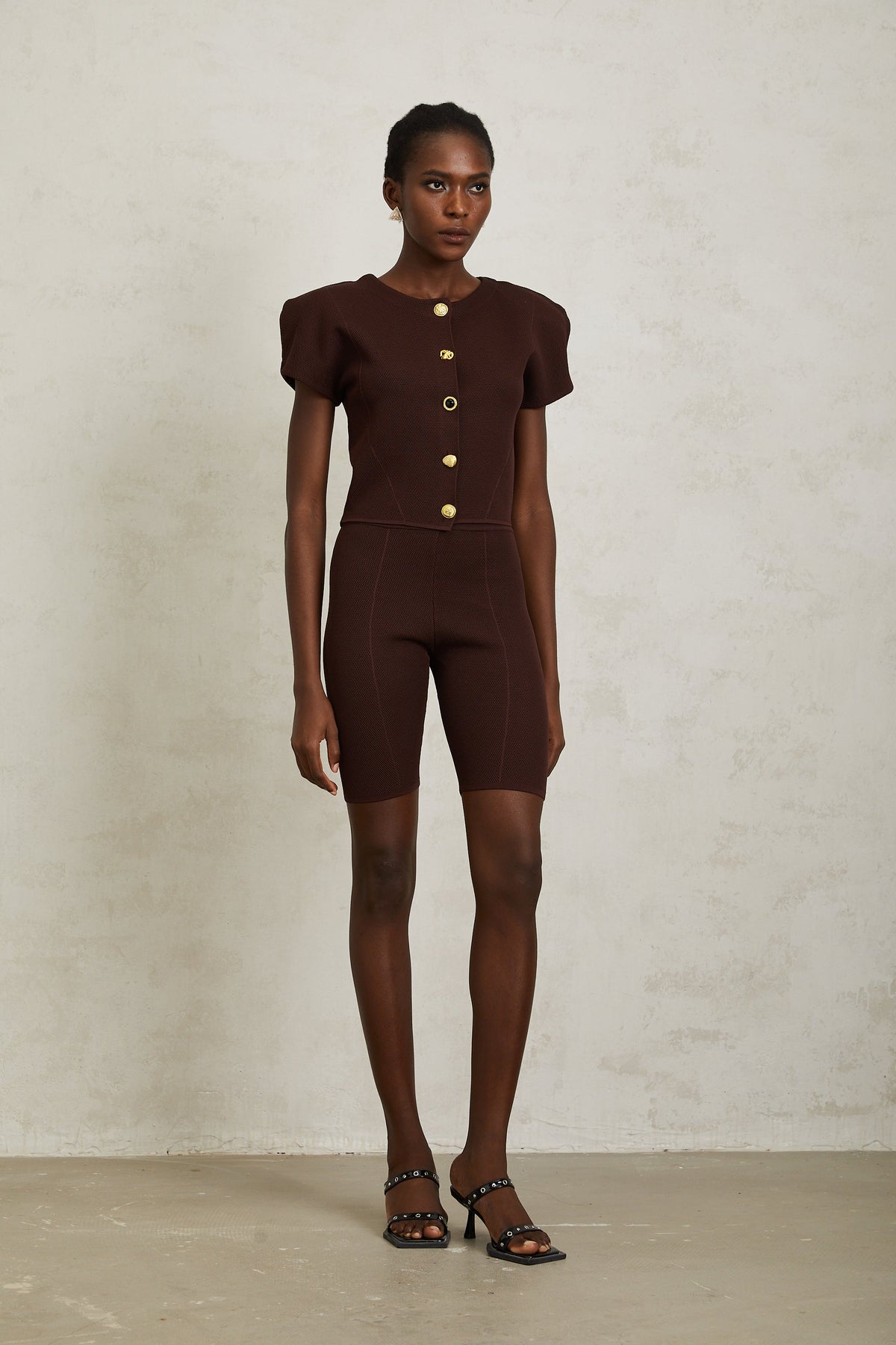 Hélène Brown Textured Knit Top & Shorts Set