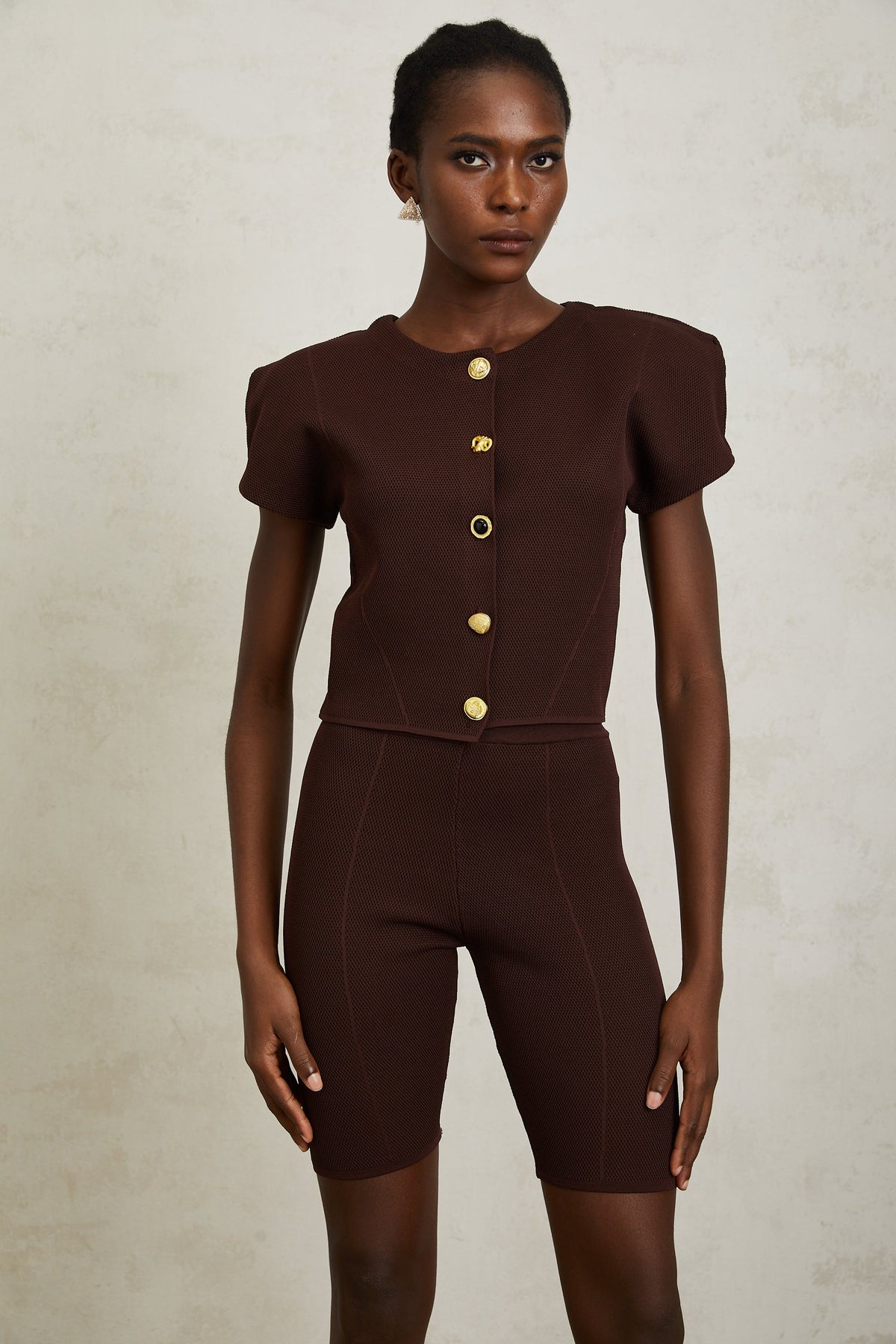 Hélène Brown Textured Knit Top & Shorts Set