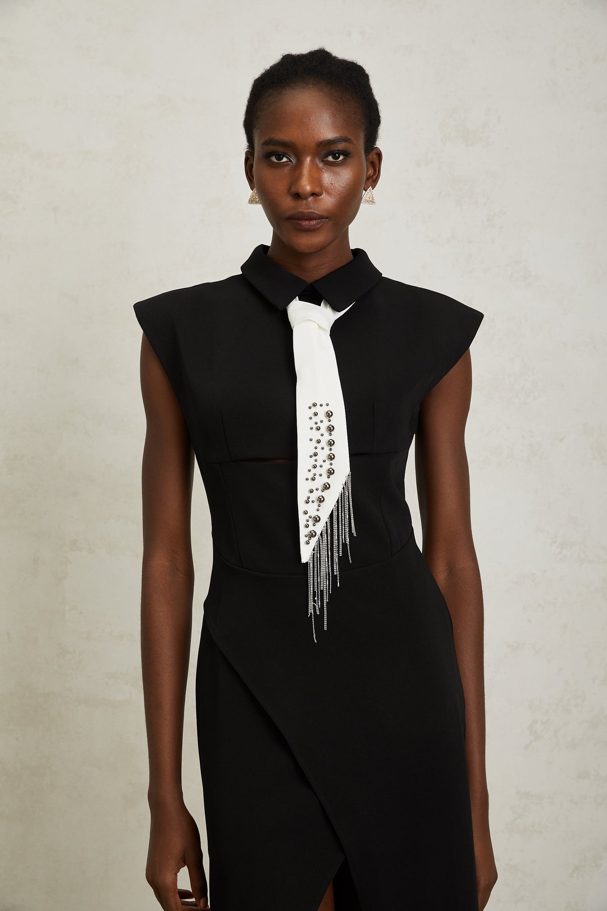 Daniela Black Necktie High Slit Midi Dress