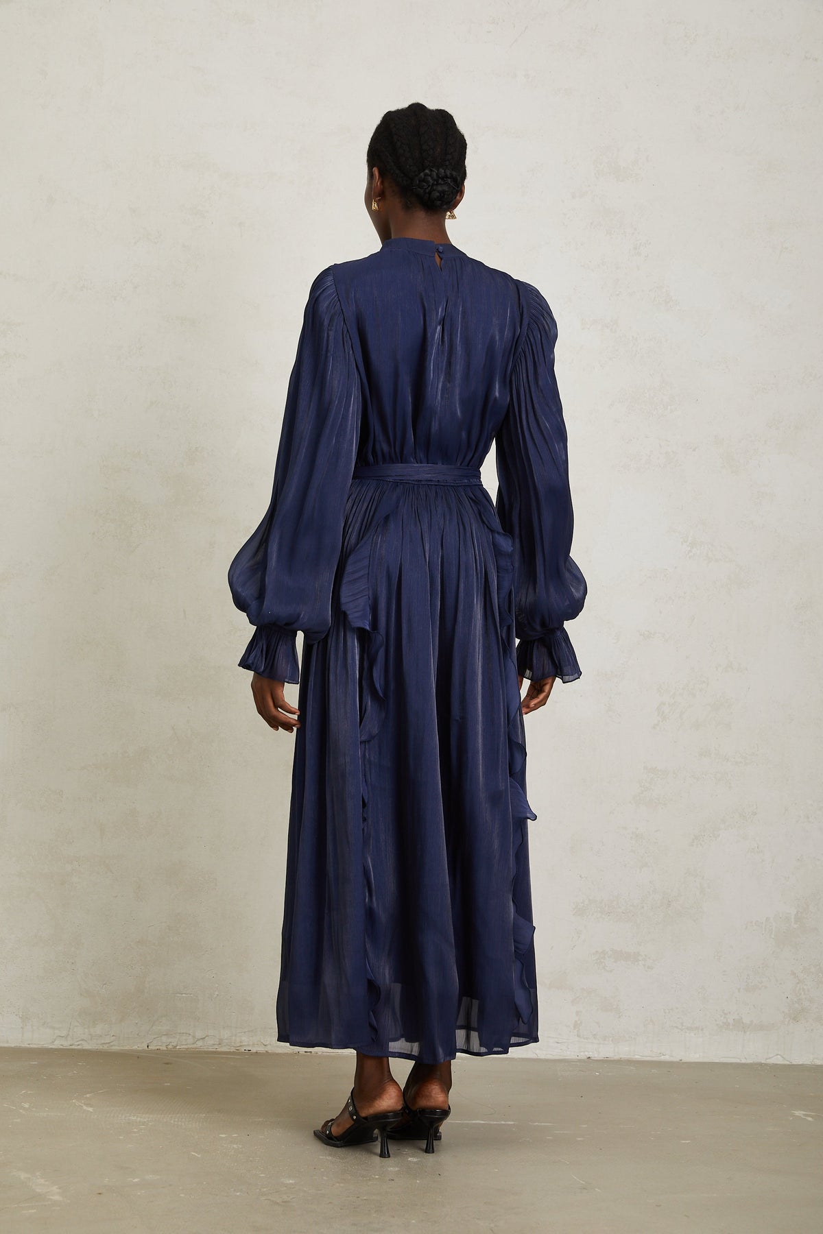 Nanette Dark Blue Glossy Pleated Maxi Dress (Final Sale-US Only)
