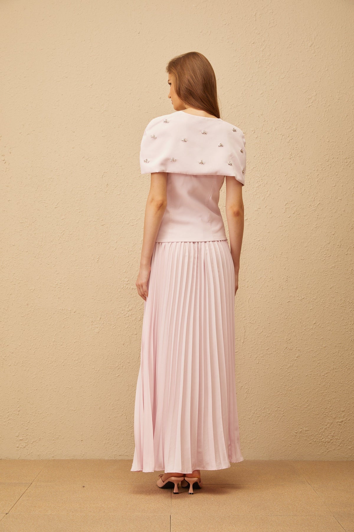 Latika Pink Shawl-Detail Pleated Top & Skirt Co-ord (Final Sale-US Only)