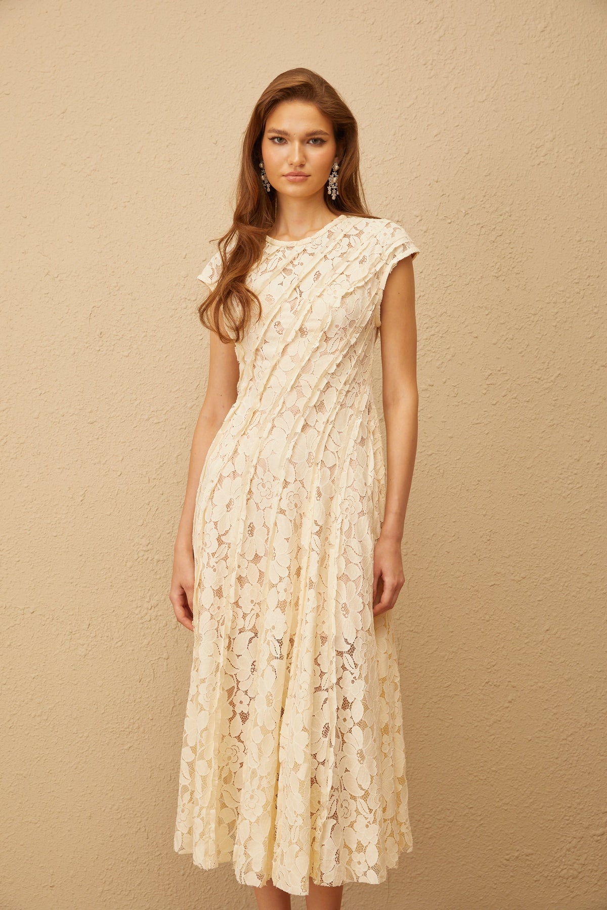 Adèle Neutral Floral Lace Midi Dress