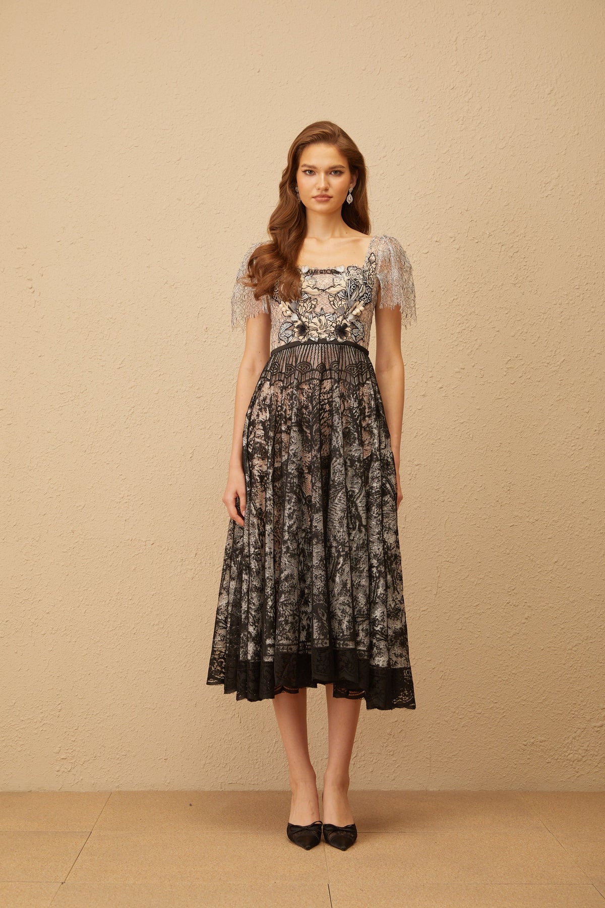 Océane Black Floral Embroidered Lace Midi Dress