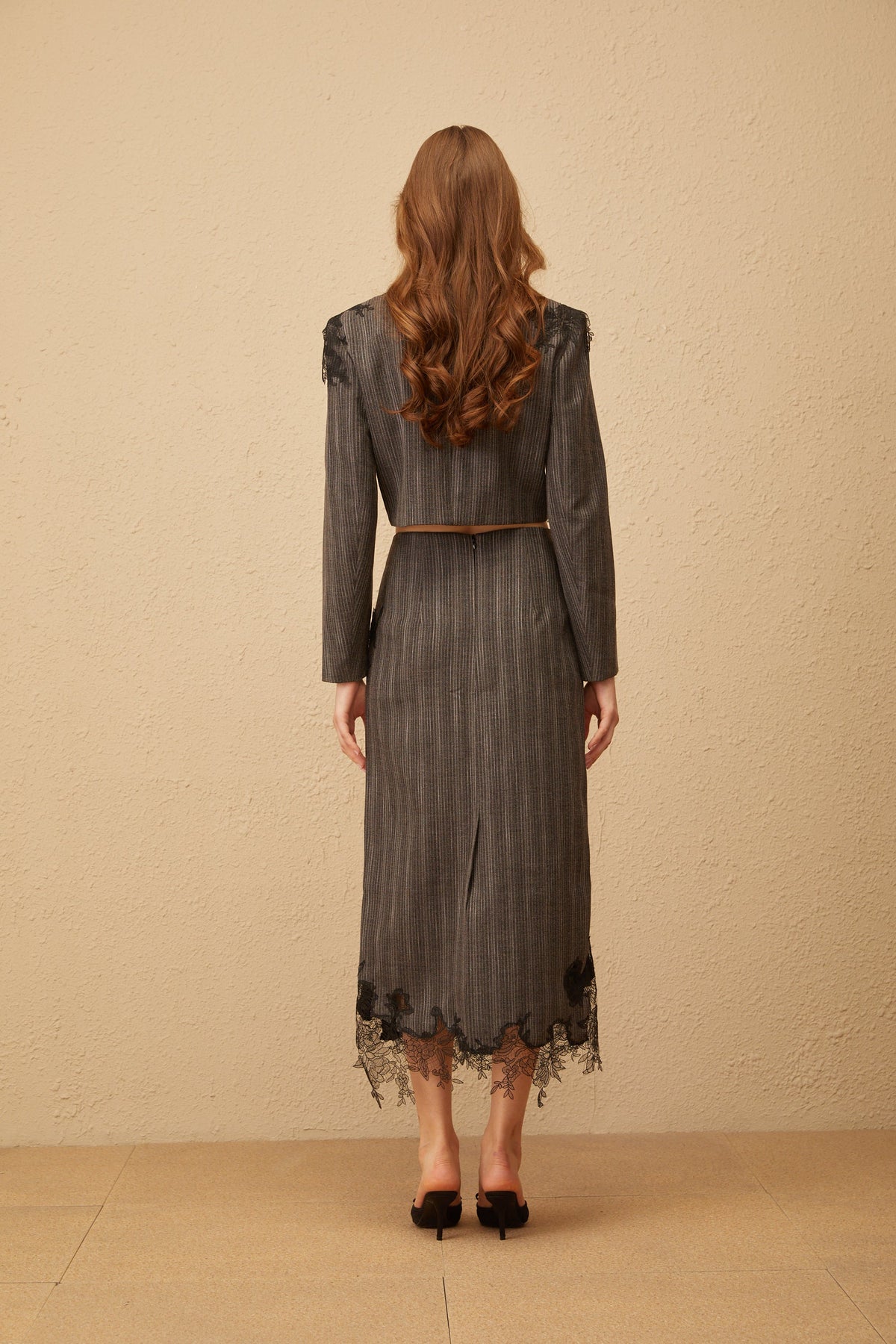 Sidonie Grey Floral Appliqué Striped Blazer & Skirt Set