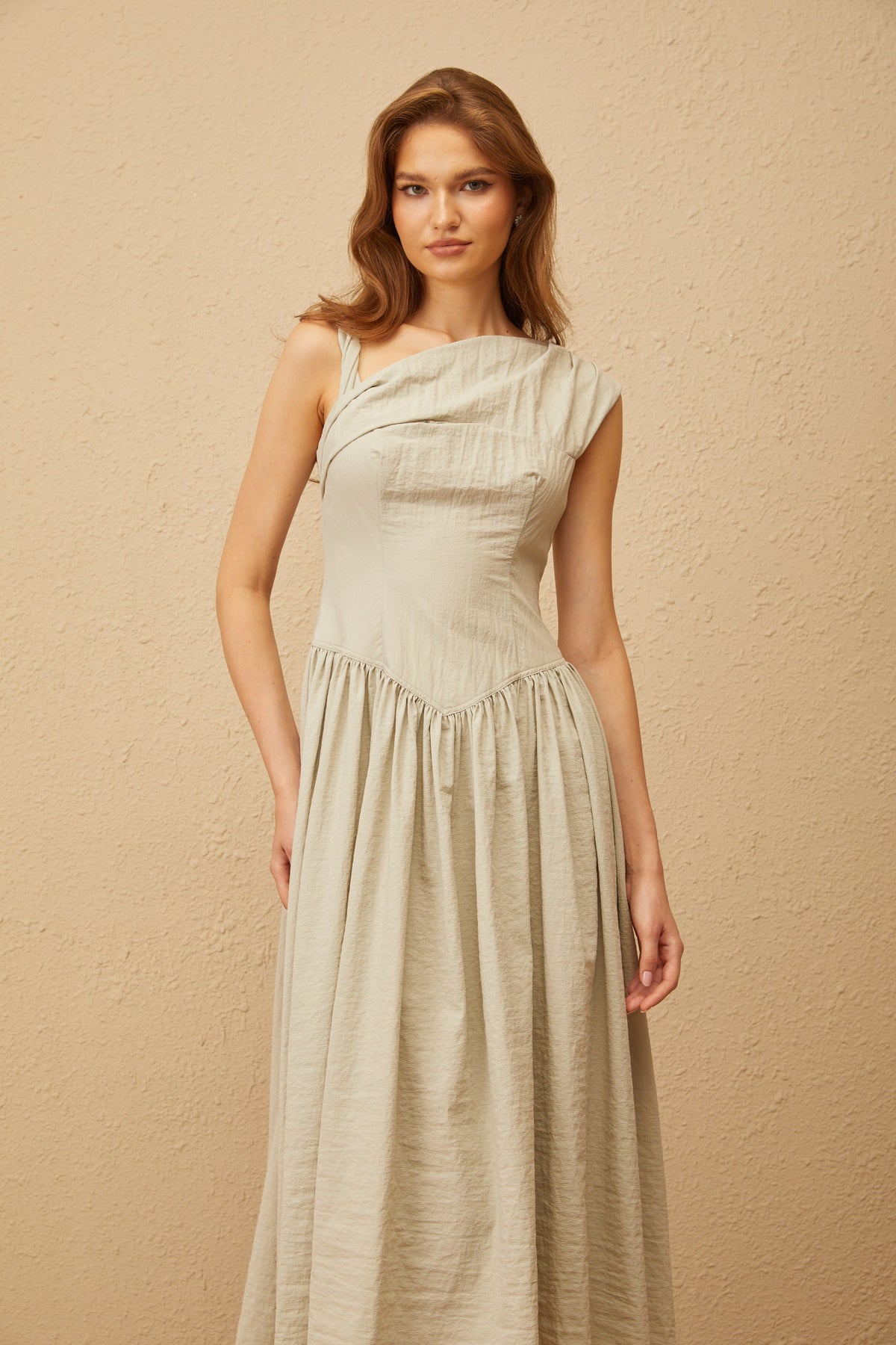 Thorne Bean Green Asymmetrical Midi Dress (Final Sale)