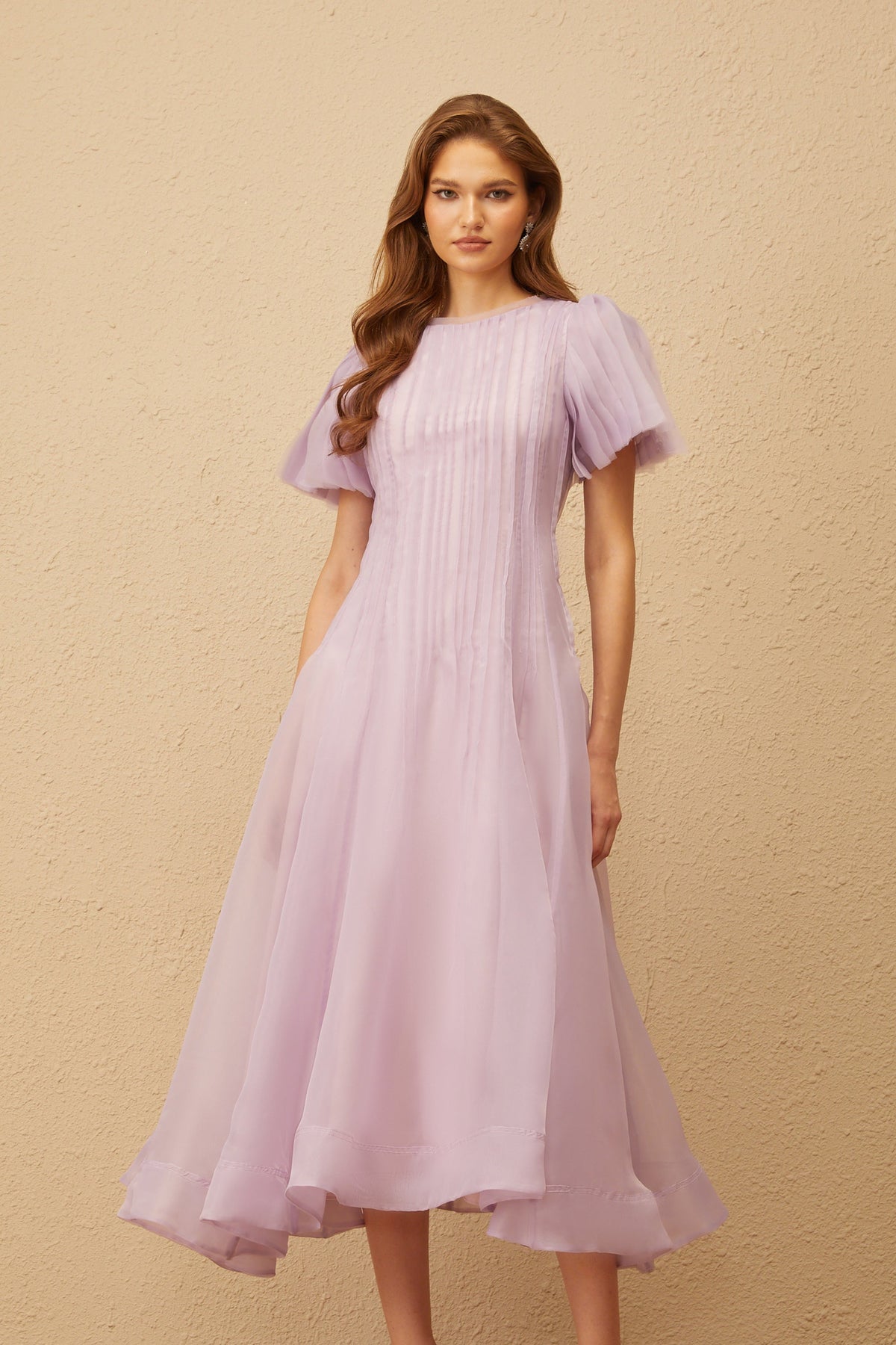 Léna Light Purple Pleated Organza Midi Dress