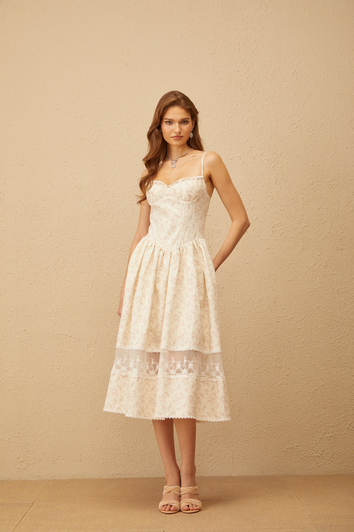 Caroline Neutral Lace Trim Floral Midi Dress