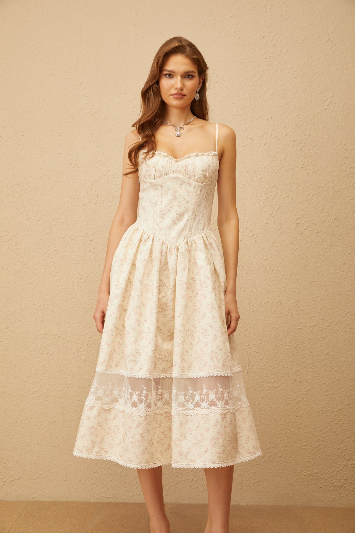 Caroline Neutral Lace Trim Floral Midi Dress