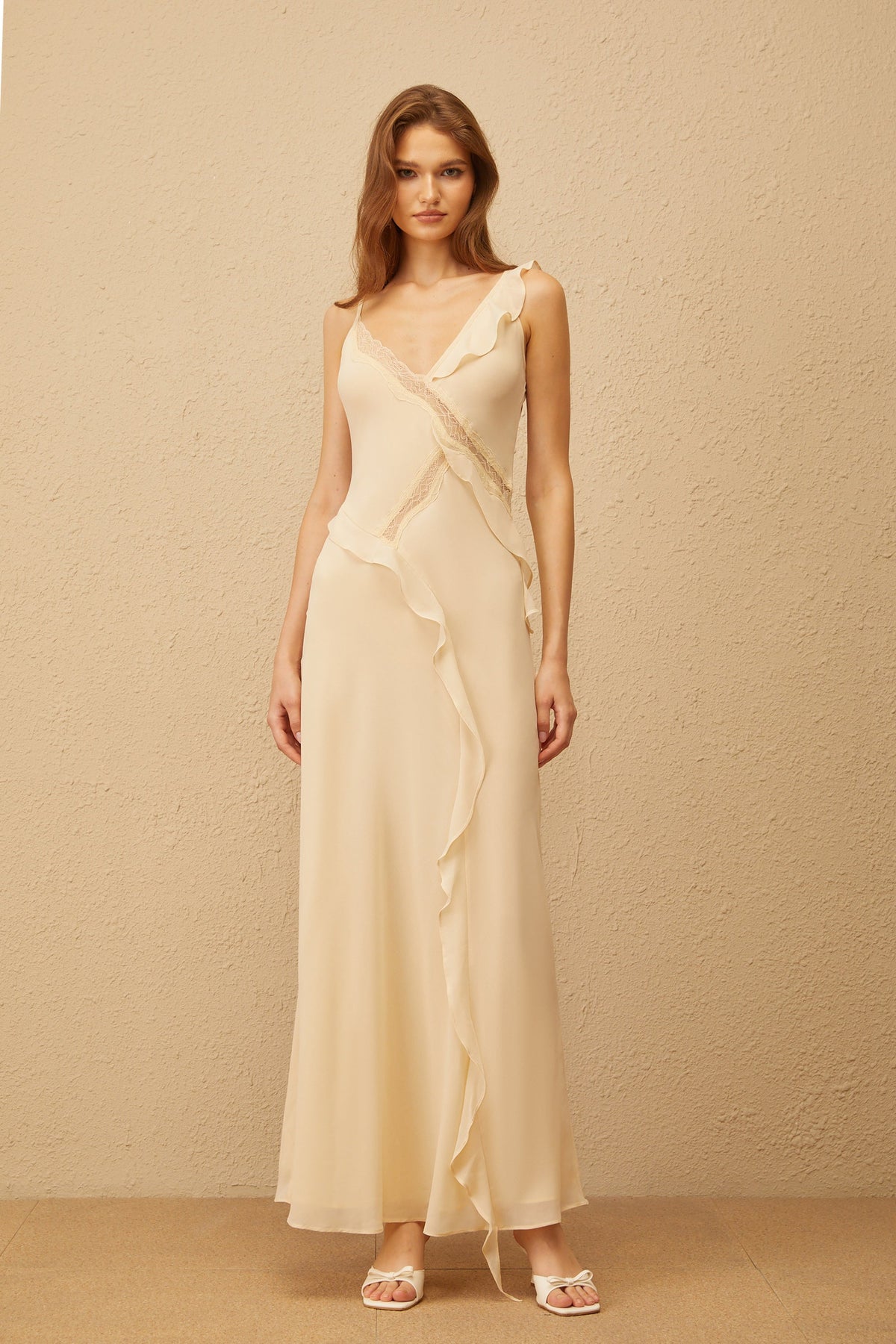 Mathilde Neutral Aysmmetrical Ruffled Trim Maxi Dress