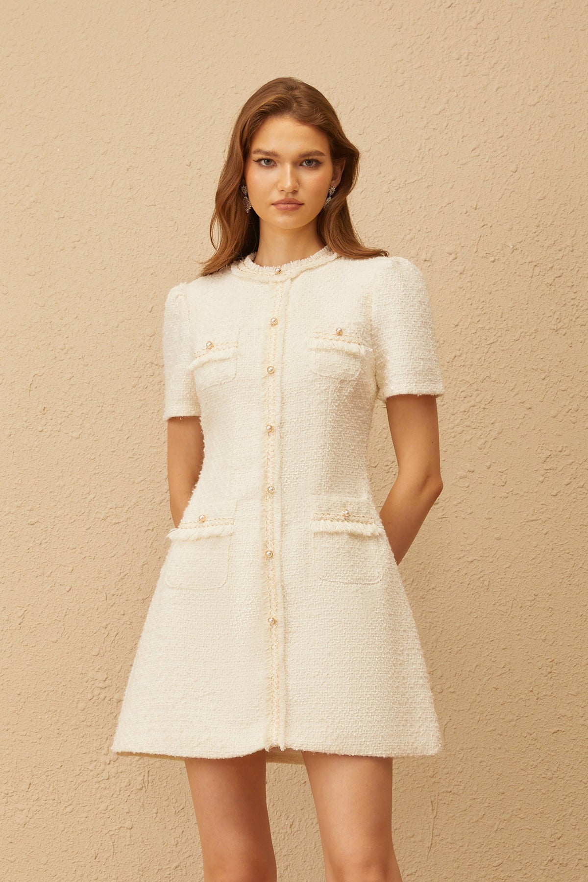 Gaëlle White Faux Pearl Tweed Mini Dress