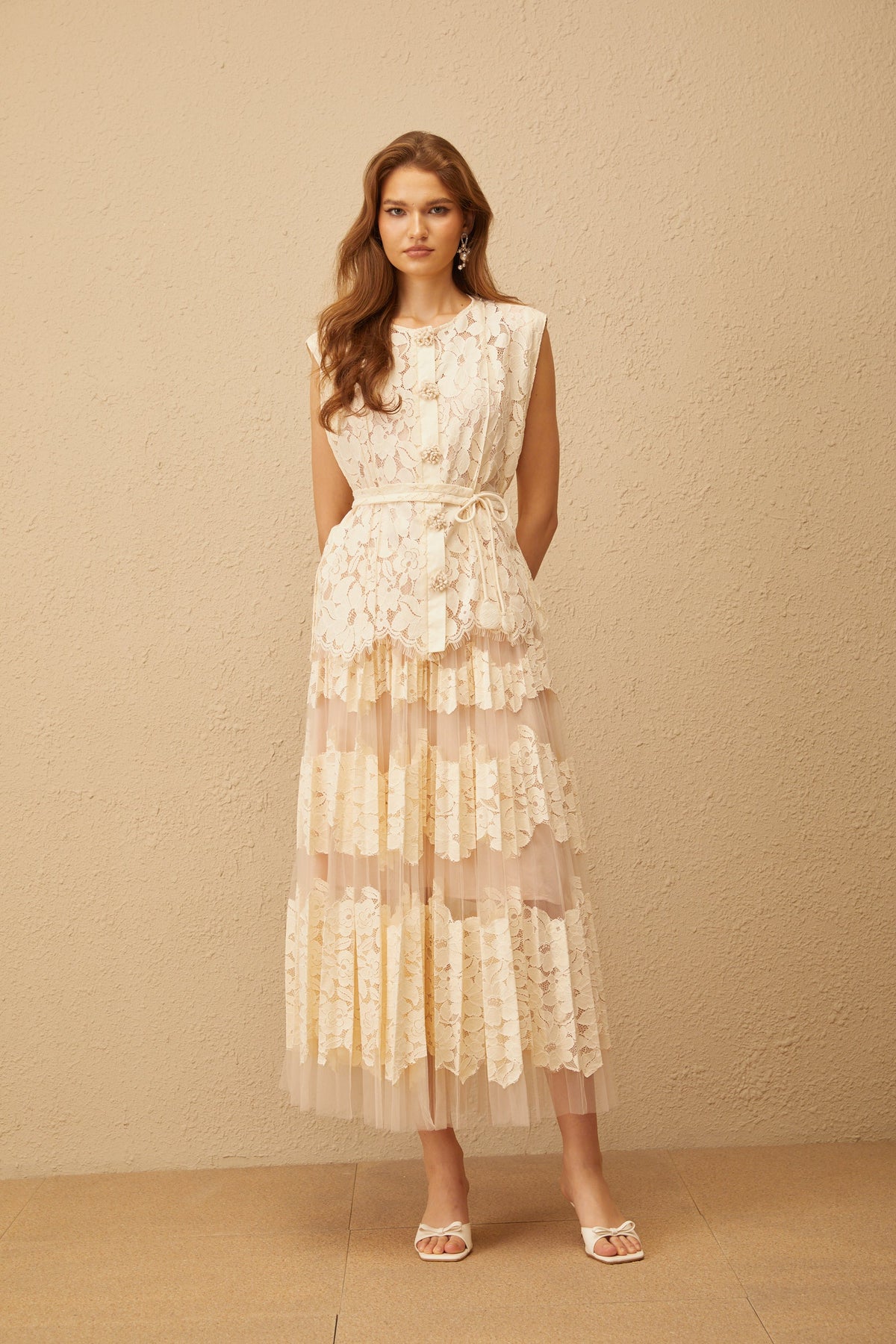 Odette Neutral Floral Lace Top & Skirt Set
