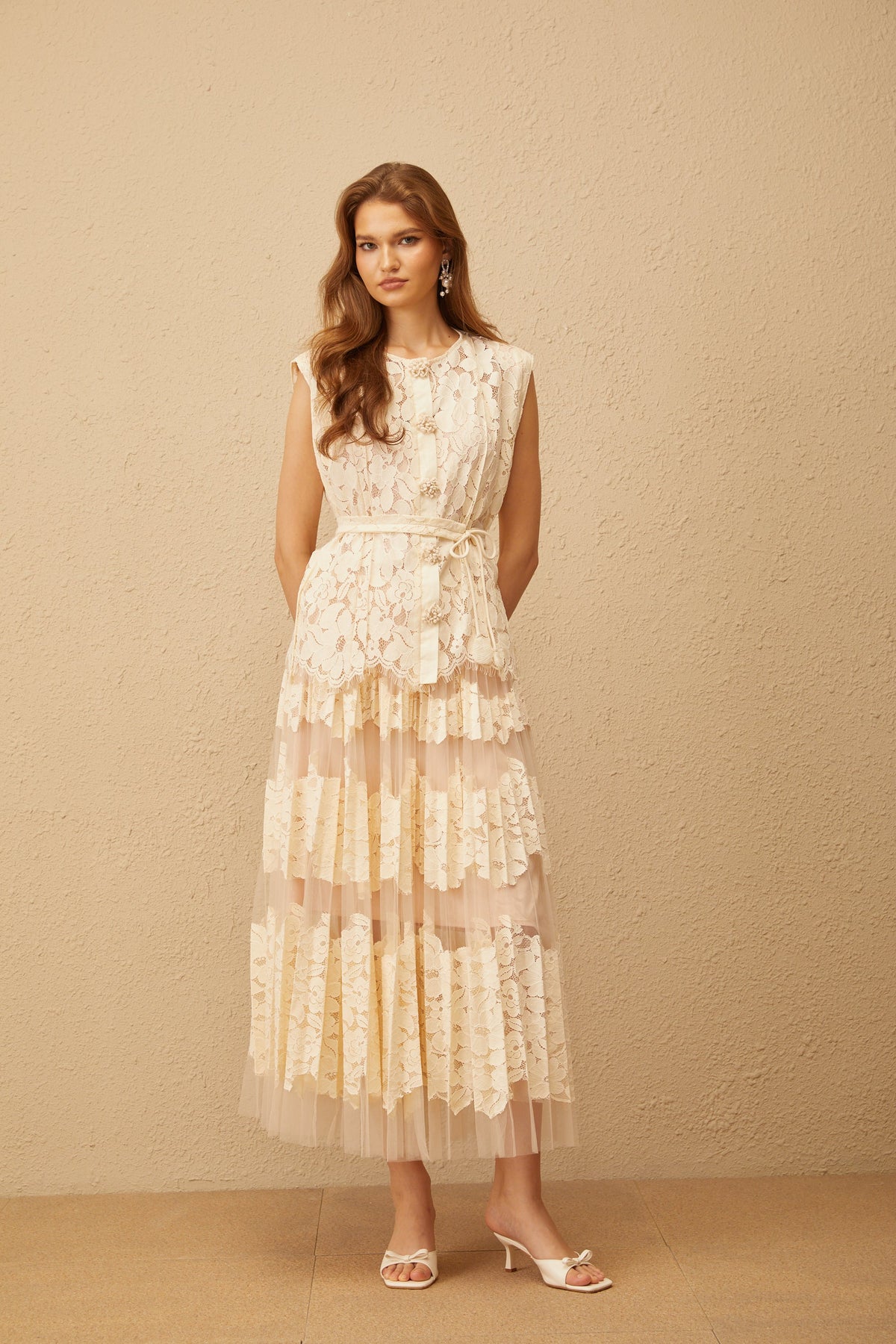Odette Neutral Floral Lace Top & Skirt Set