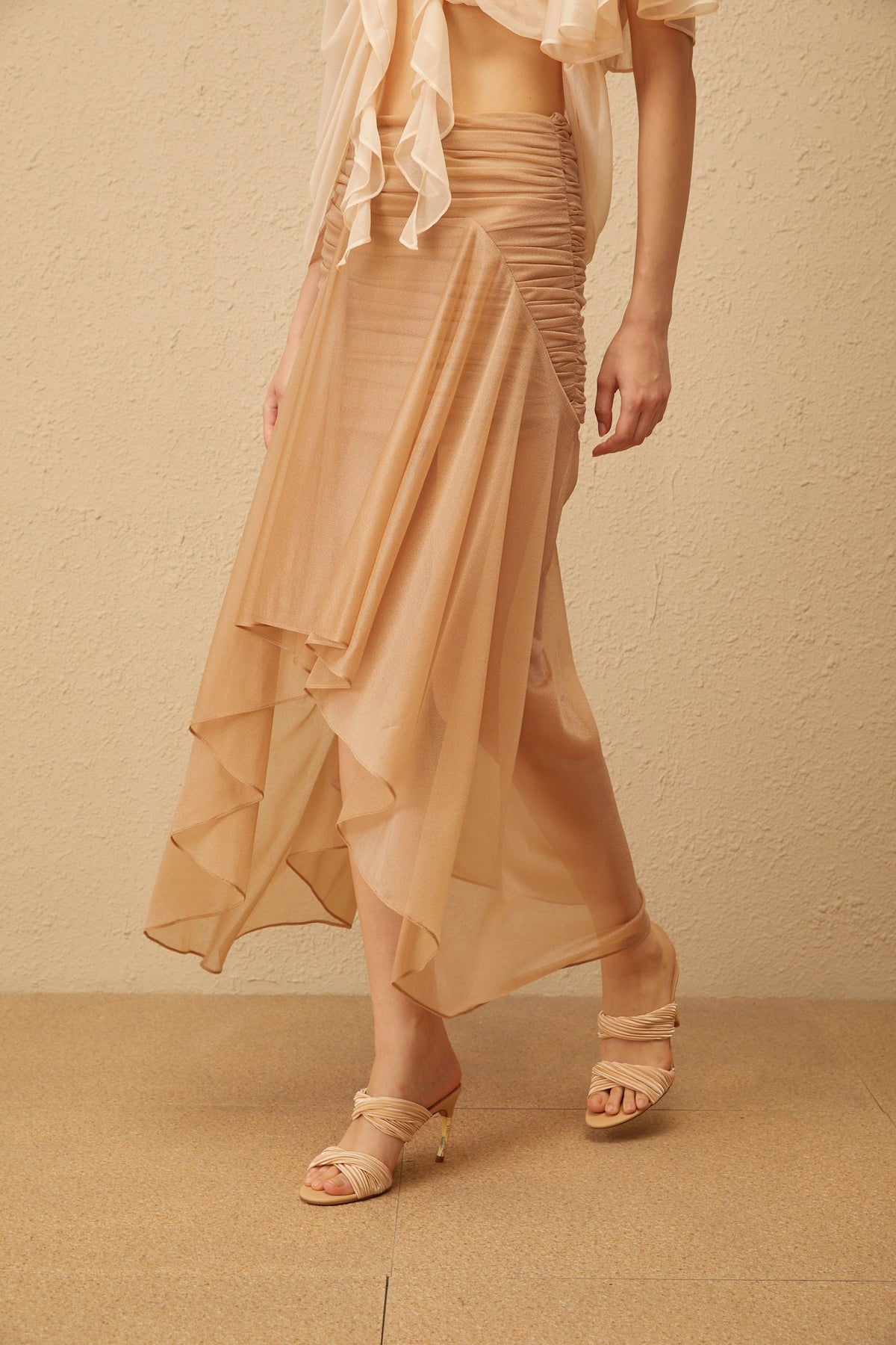 Zélie Neutral Ruched Ruffled Hem Midi Skirt