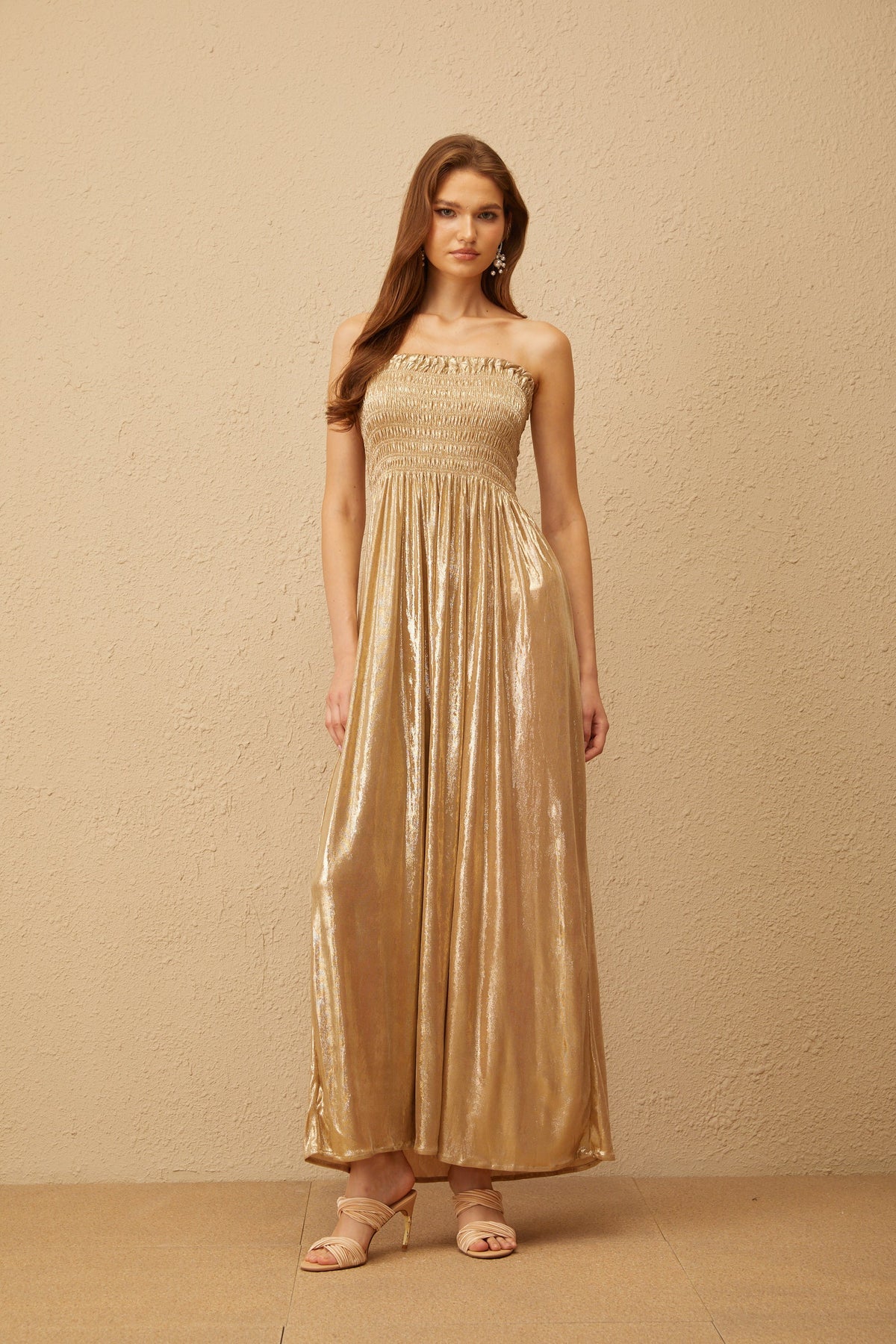 Tiphaine Gold Glossy Smocked Panel Midi Dress