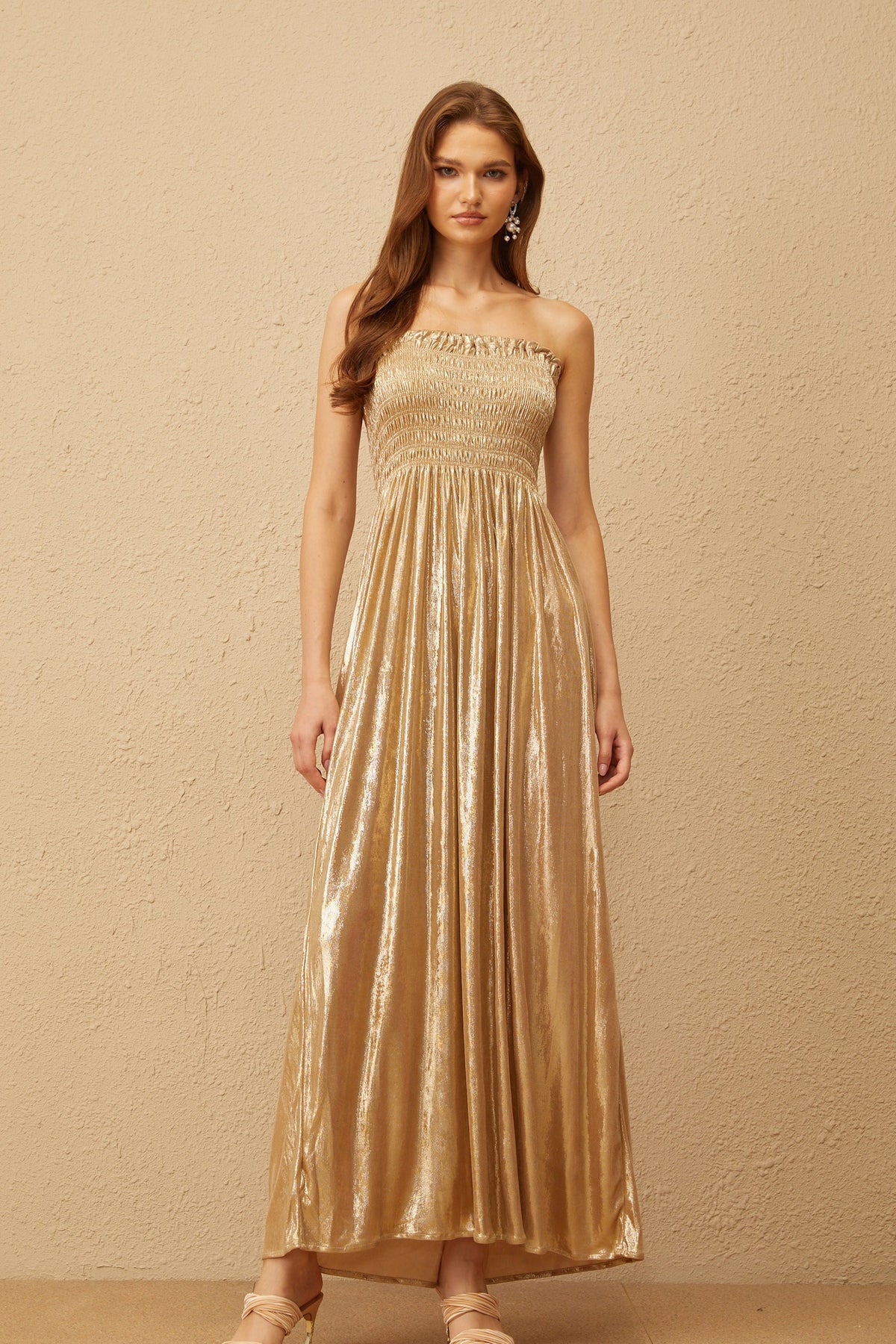 Tiphaine Gold Glossy Smocked Panel Midi Dress