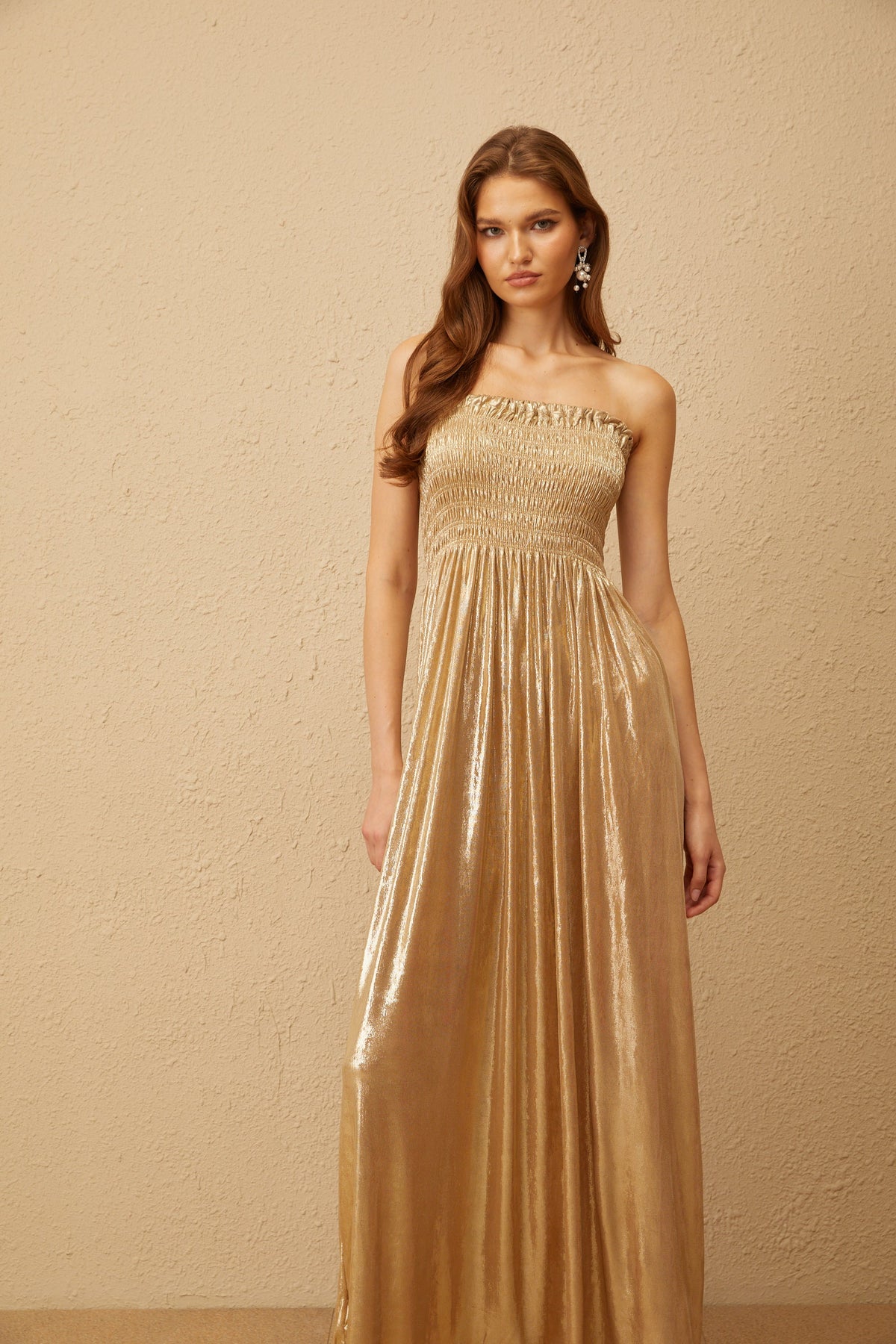 Tiphaine Gold Glossy Smocked Panel Midi Dress (Final Sale)