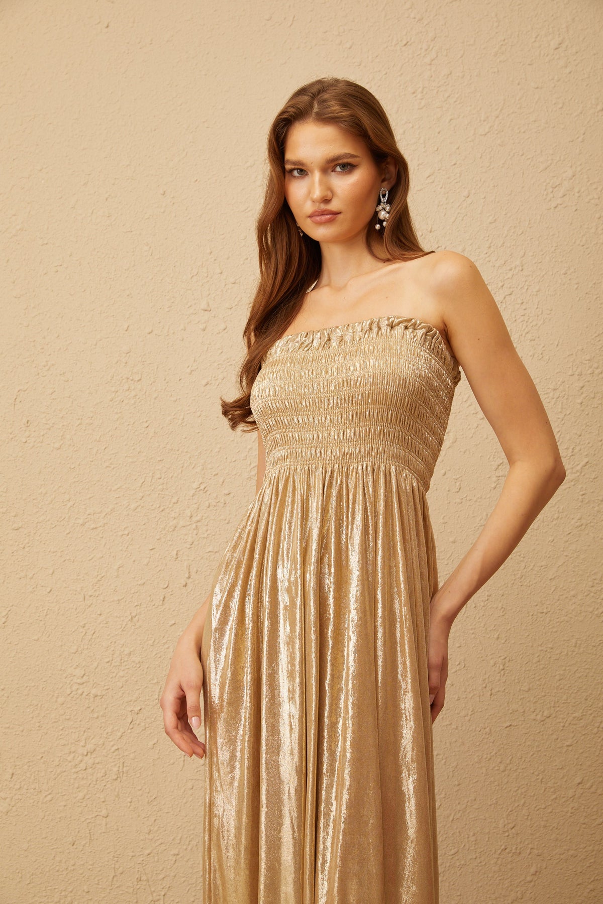 Tiphaine Gold Glossy Smocked Panel Midi Dress