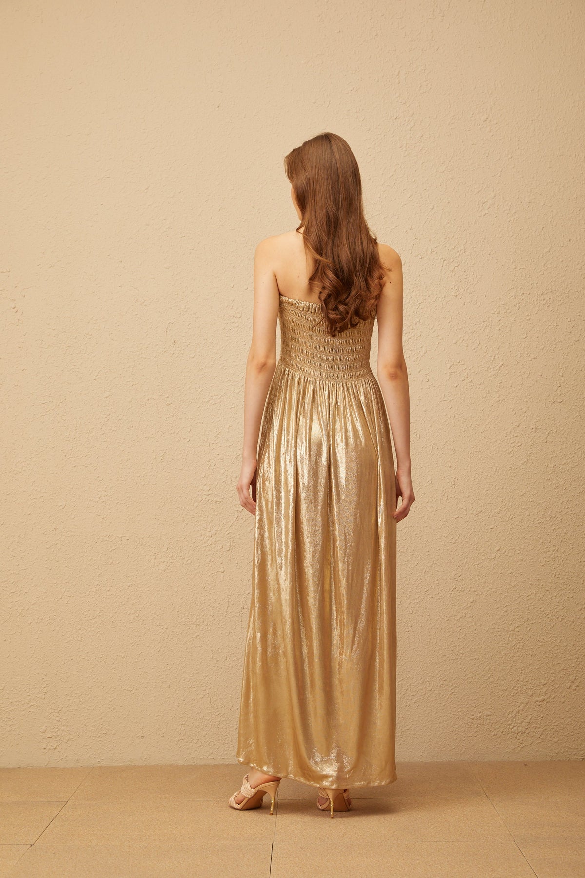 Tiphaine Gold Glossy Smocked Panel Midi Dress (Final Sale)