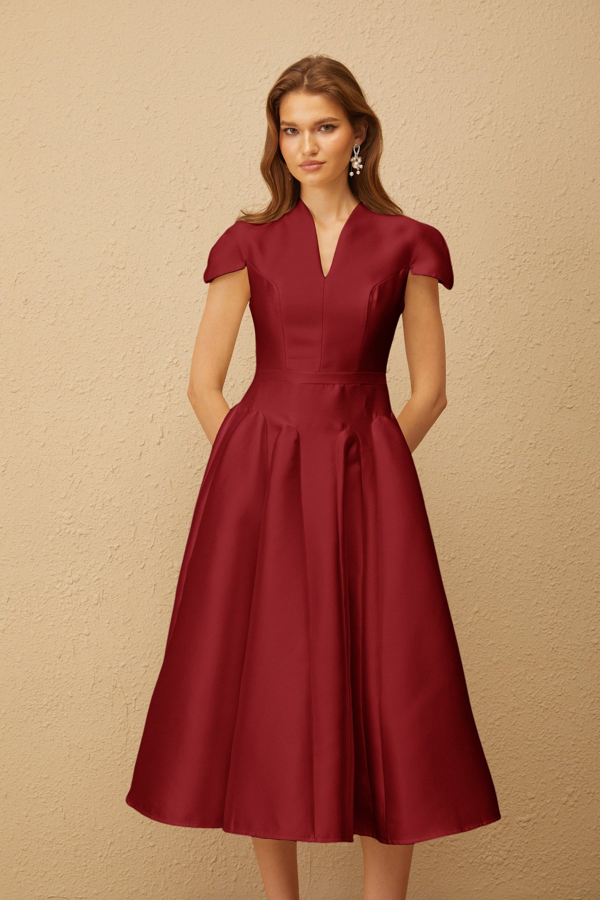 Aventin Red Godet Design Midi Dress