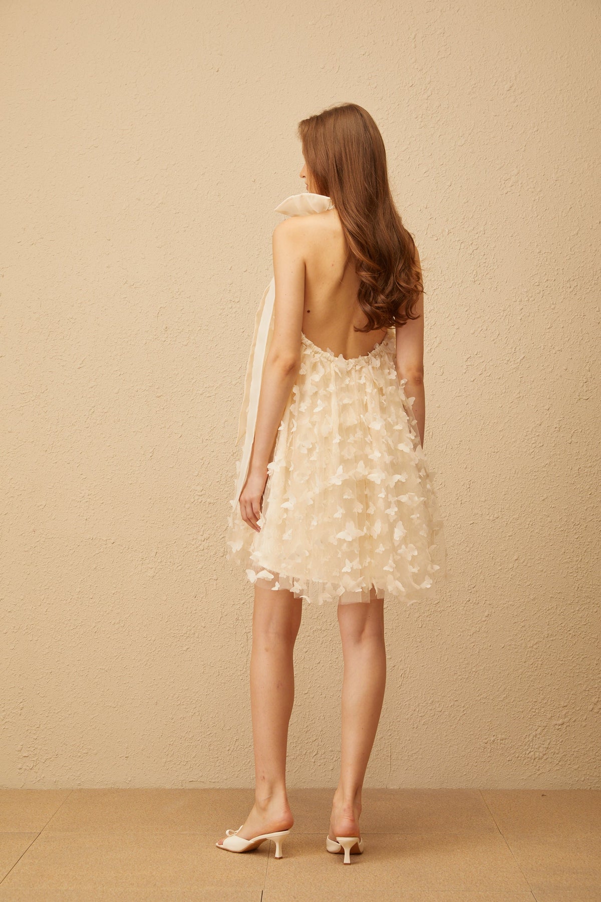 Brune Neutral 3D Butterfly Tulle Mini Dress - beige