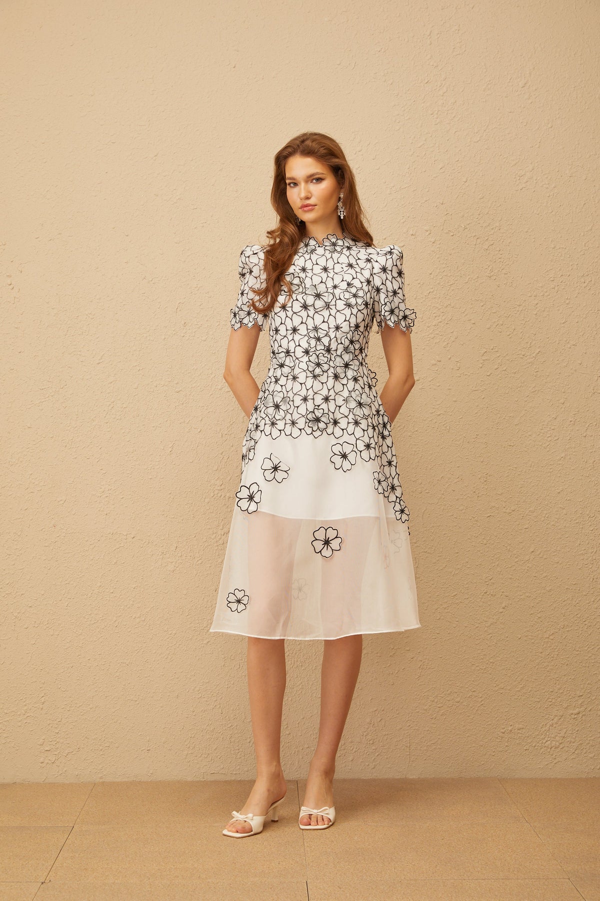 Yaelle White Floral Appliqué Tulle Midi Dress (Final Sale-US Only)