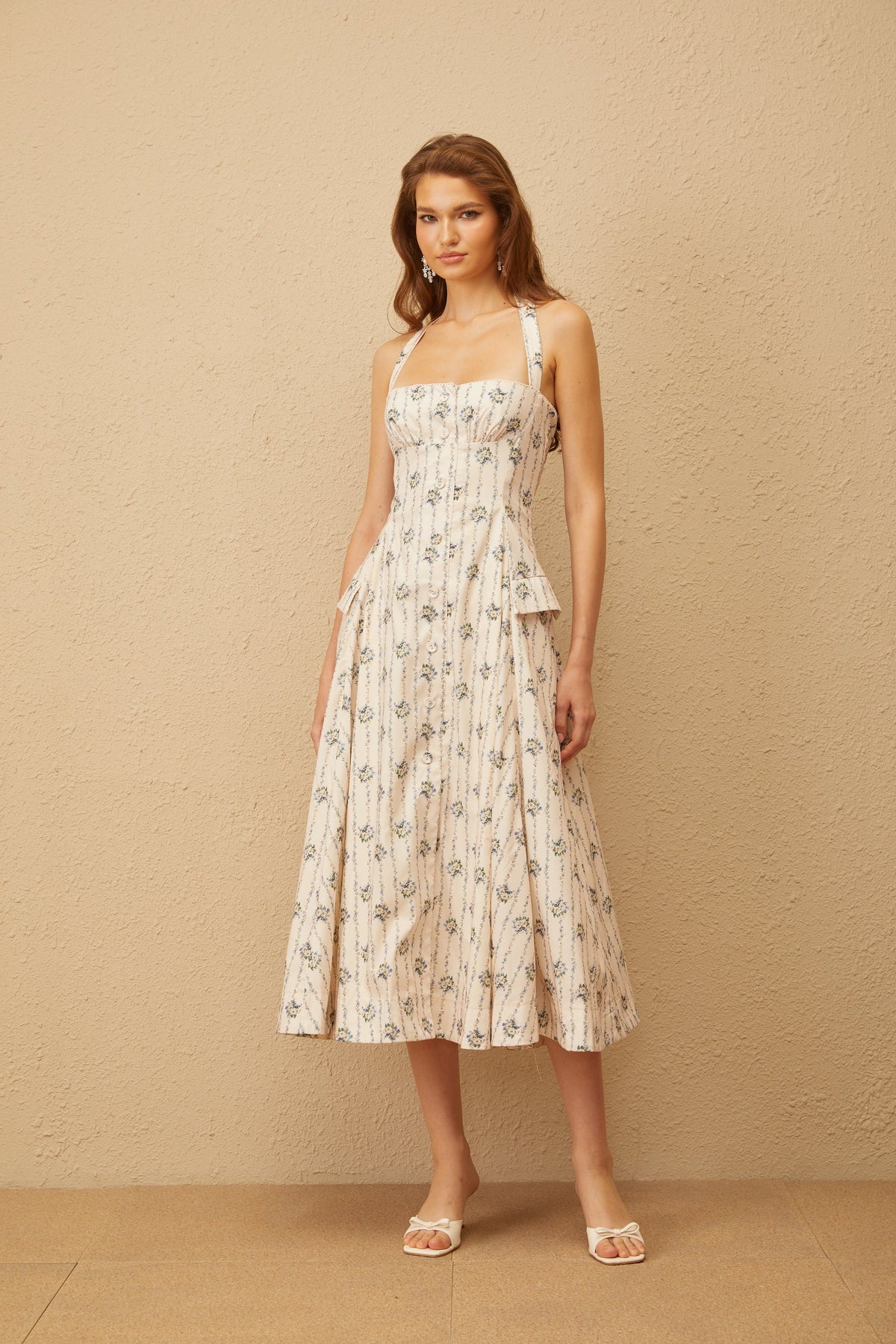 Estelle White Halterneck Floral Print Midi Dress (Final Sale)