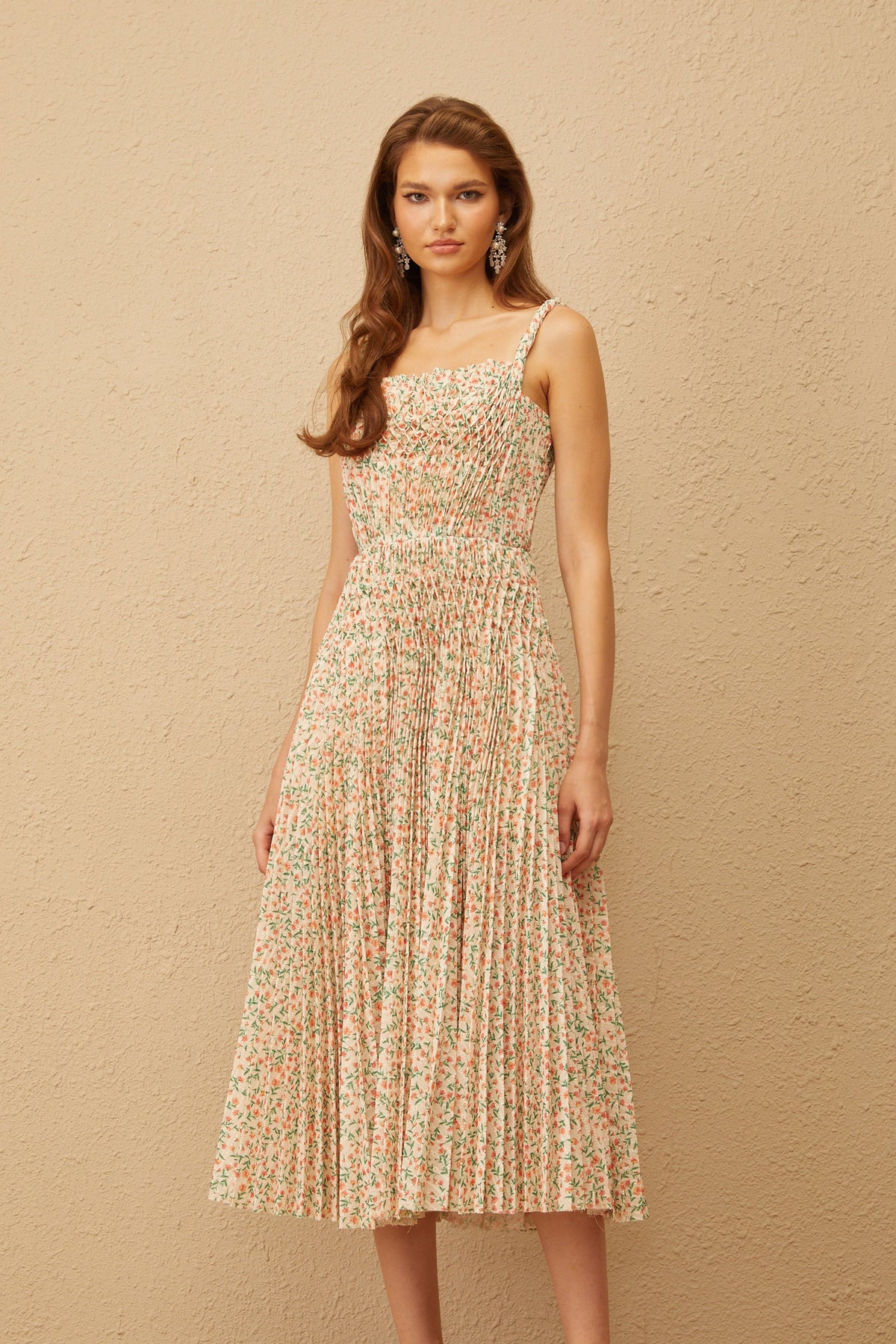 Marion Neutral Floral Print Pleated Midi Dress (Final Sale)