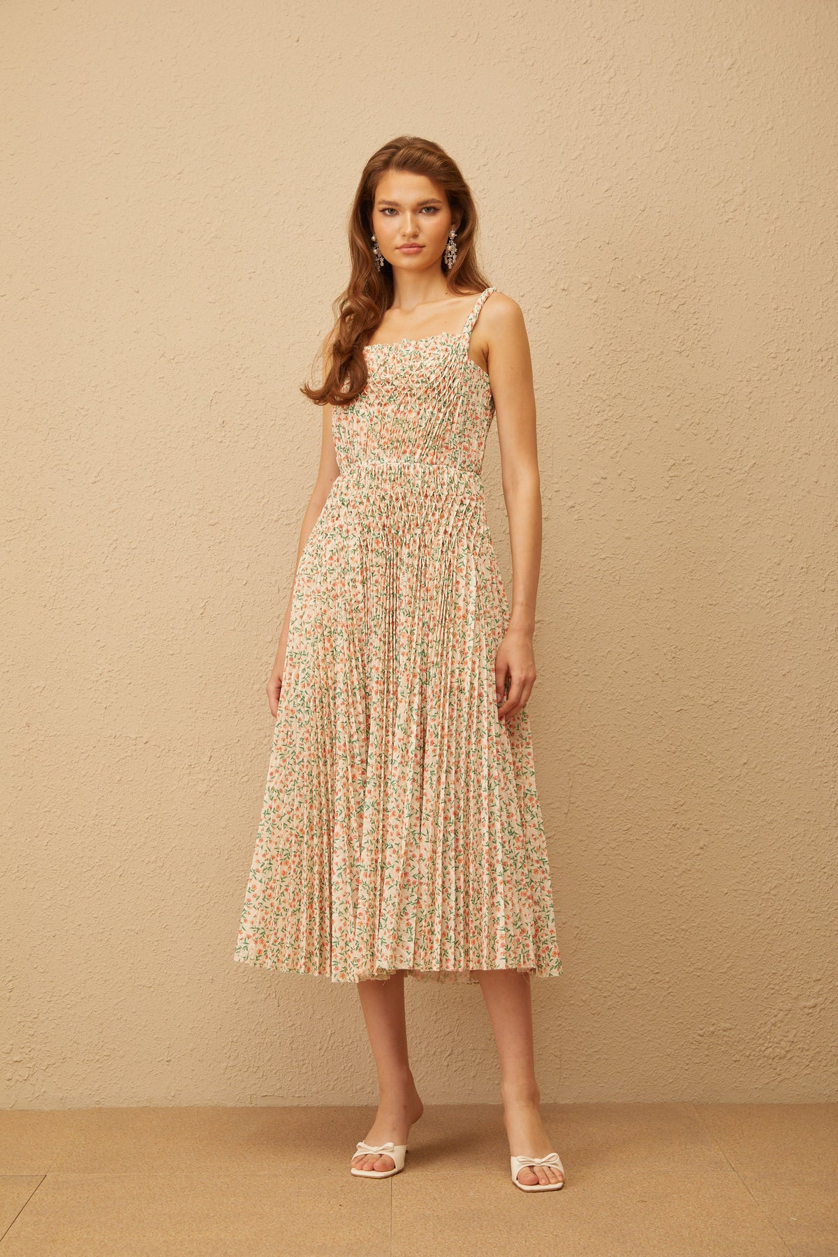 Marion Neutral Floral Print Pleated Midi Dress (Final Sale)
