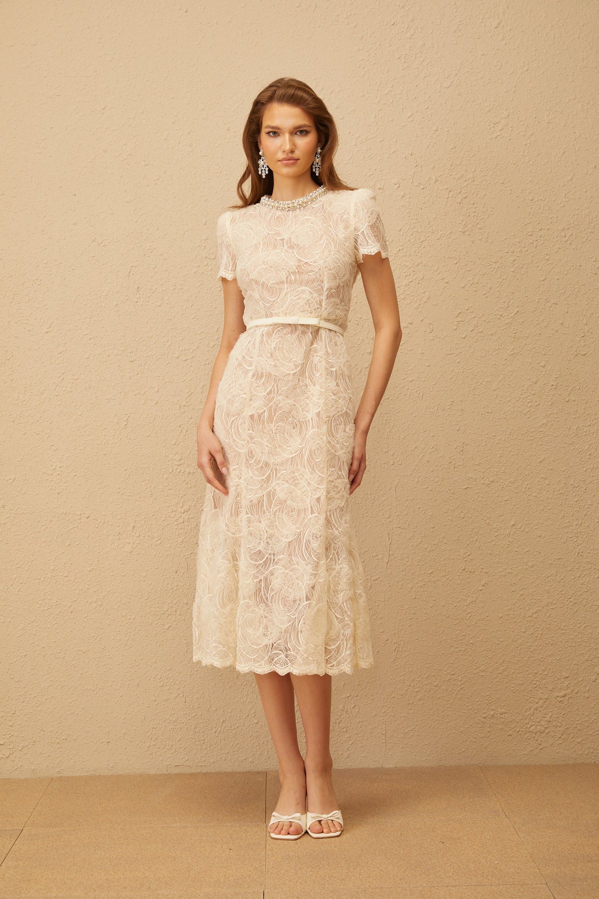 Félicie White Embellished Floral Lace Midi Dress