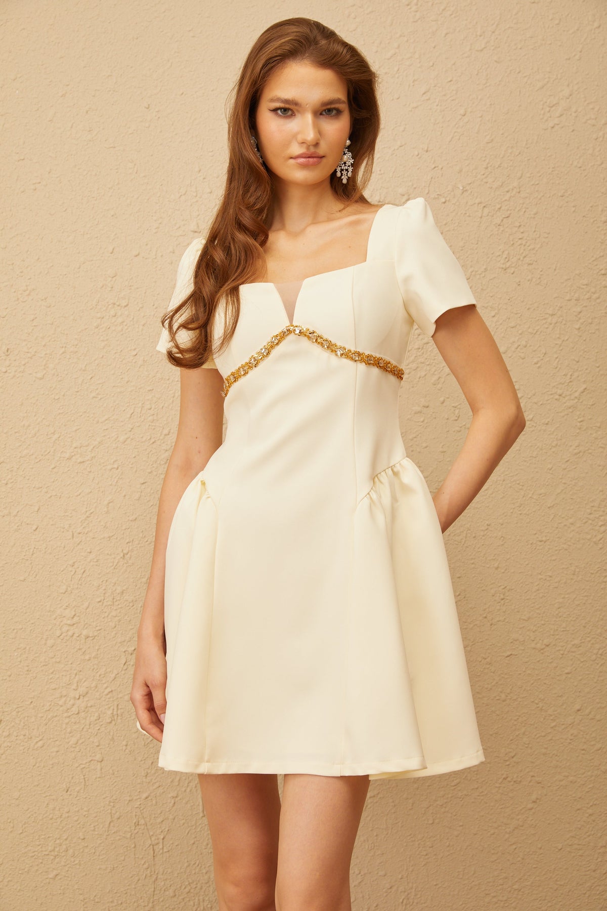 Anaïs Neutral Embellished Puff Mini Dress
