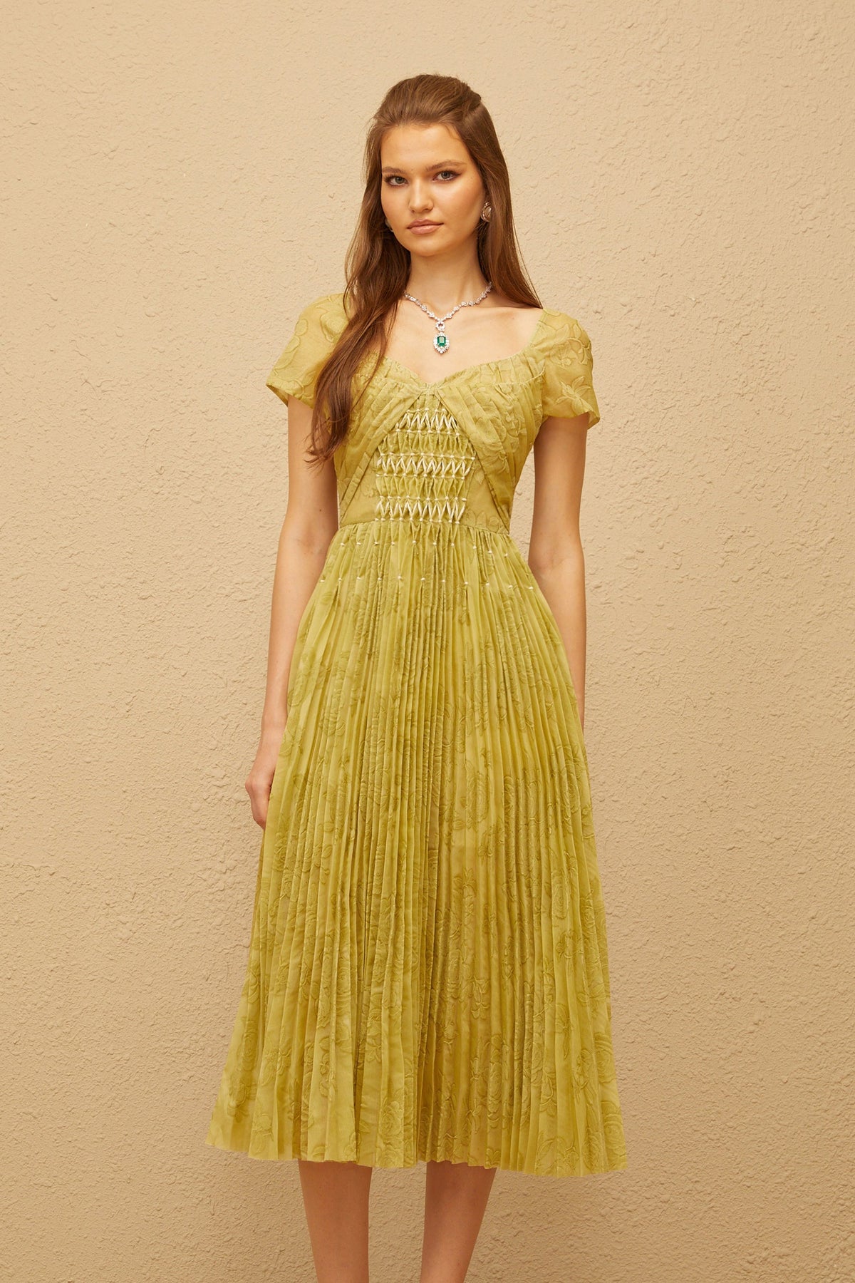 Capucine Green Floral Jacquard Pleated Midi Dress