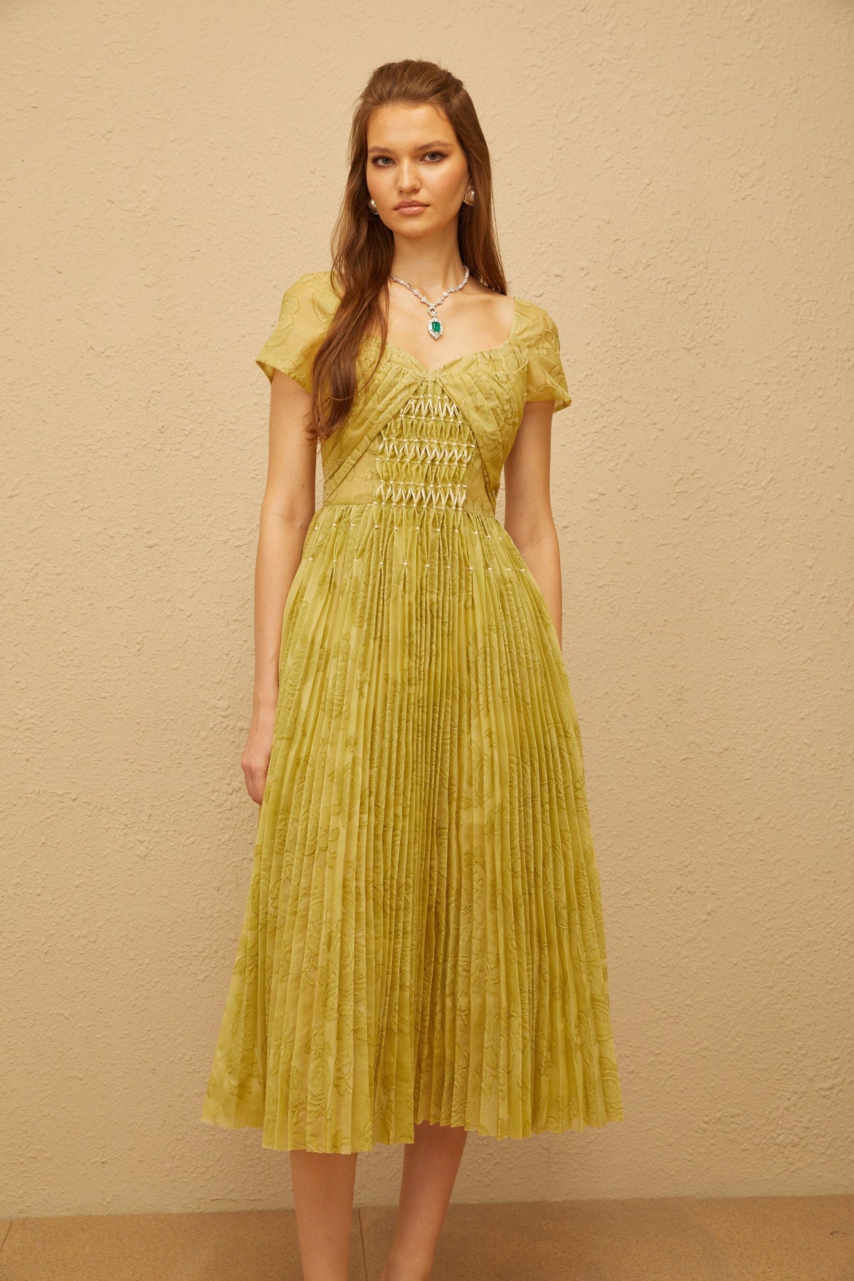 Capucine Green Floral Jacquard Pleated Midi Dress