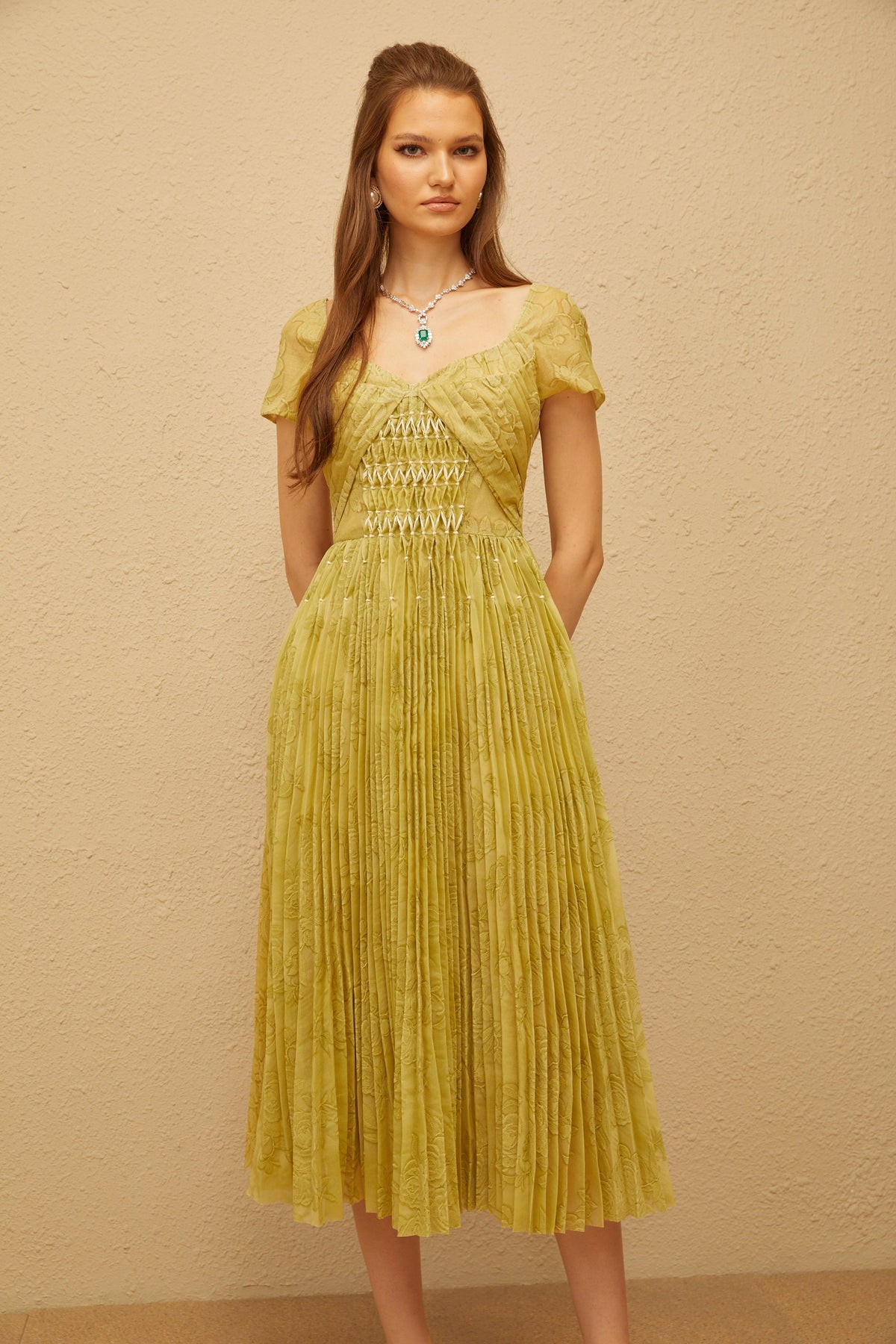 Capucine Green Floral Jacquard Pleated Midi Dress