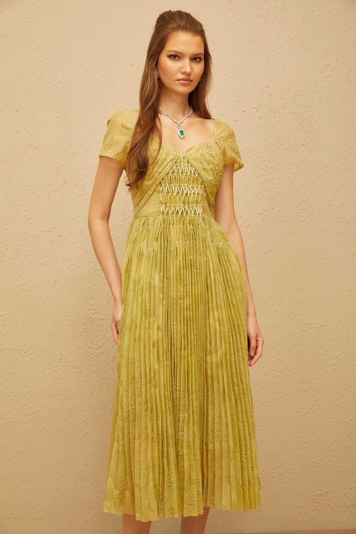 Capucine Green Floral Jacquard Pleated Midi Dress