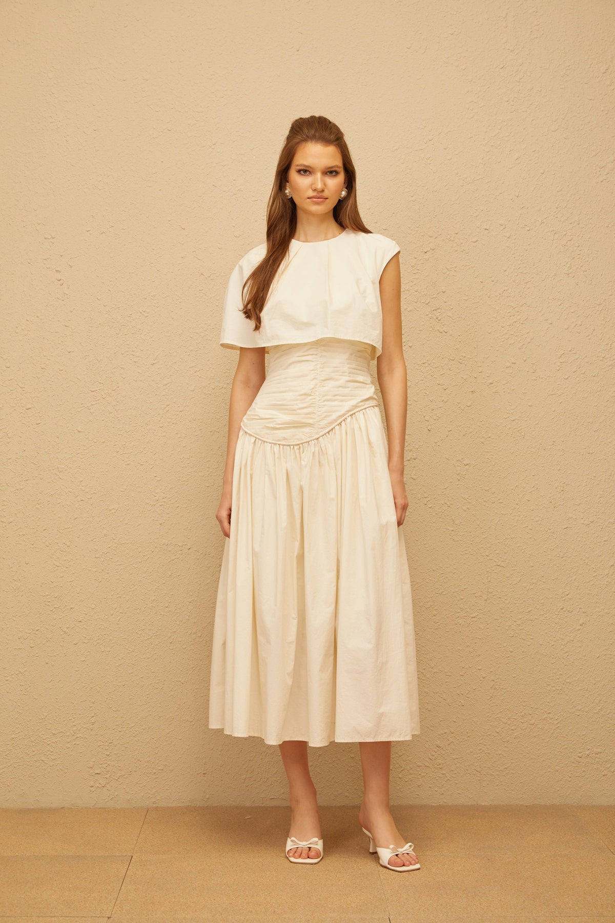 Boglárka Cream White Asymmetrical Ruched Midi Dress