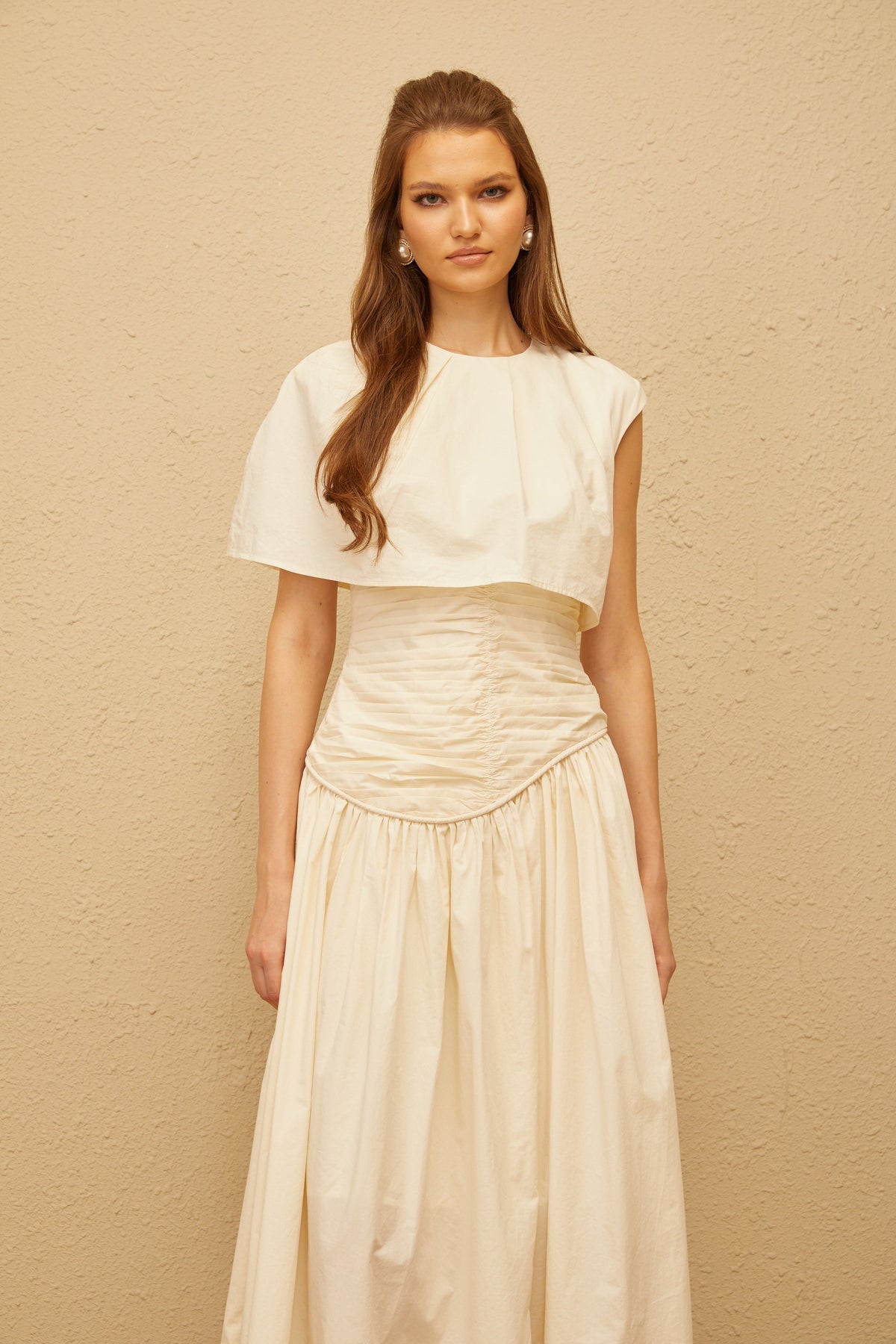 Boglárka Cream White Asymmetrical Ruched Midi Dress