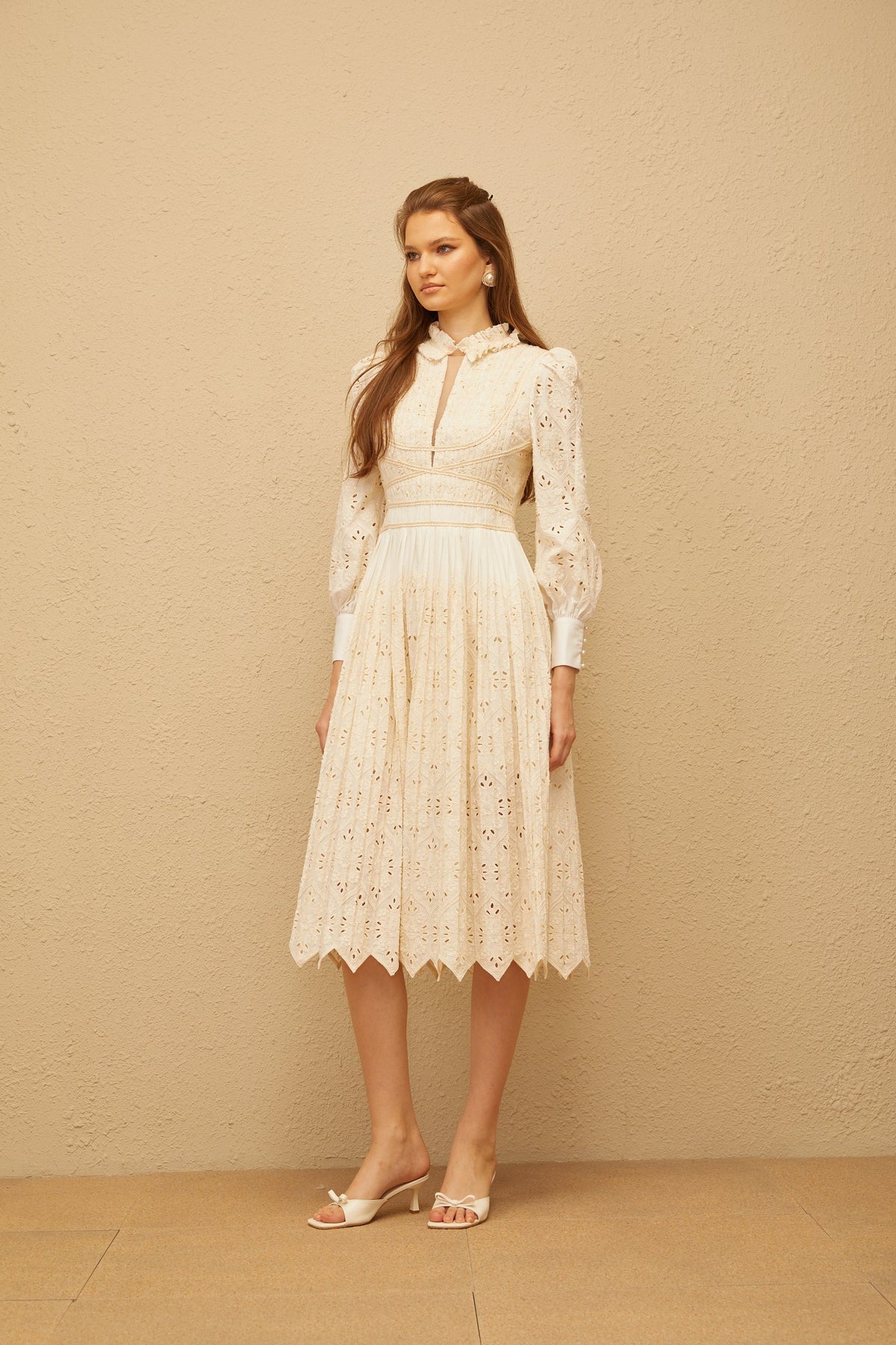Isabeau Neutral Floral Embroidered Pleated Midi Dress