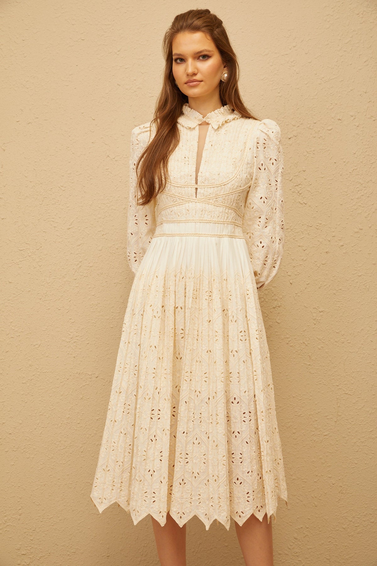Isabeau Neutral Floral Embroidered Pleated Midi Dress