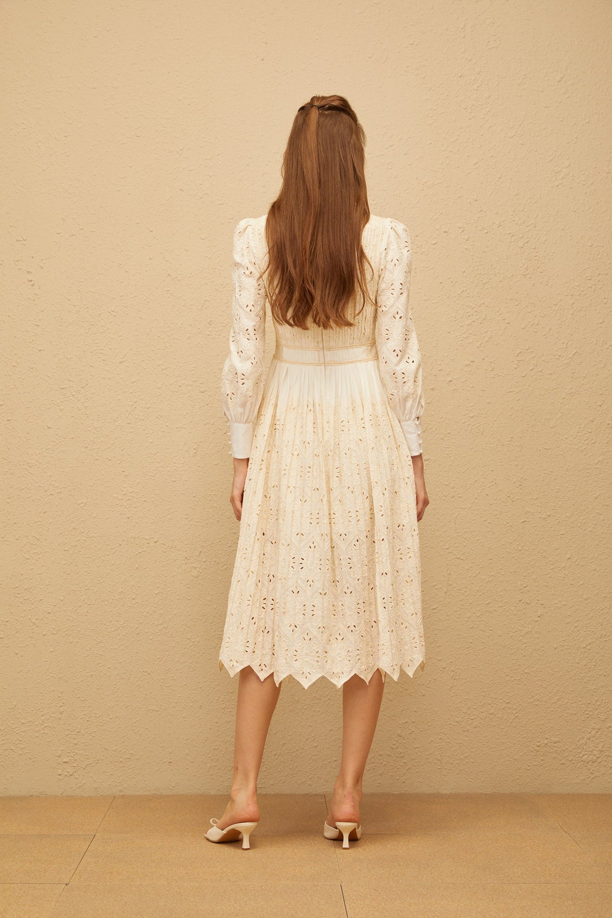 Isabeau Neutral Floral Embroidered Pleated Midi Dress