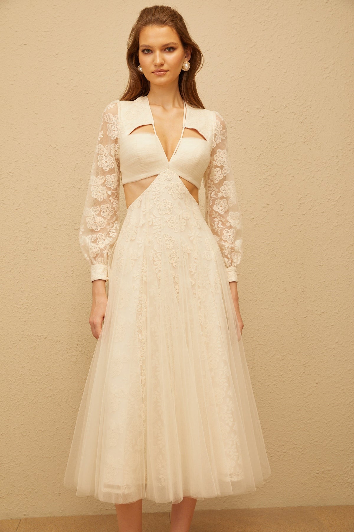 Esmé White Floral Lace Tulle Midi Dress