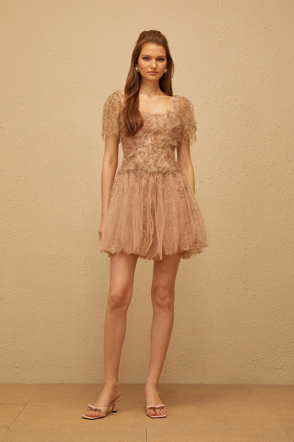 Gaëtane Brown Tulle Panel Lace Mini Dress