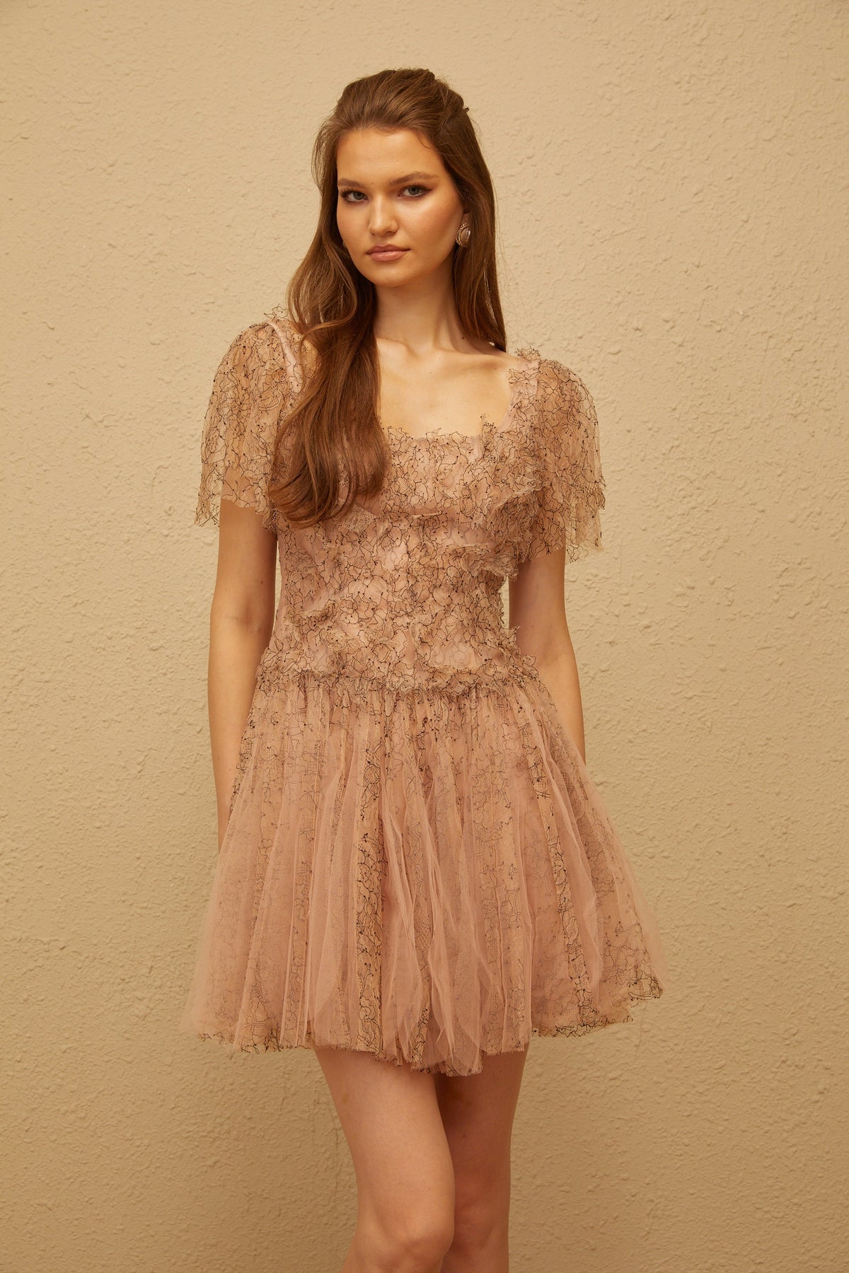 Gaëtane Brown Tulle Panel Lace Mini Dress