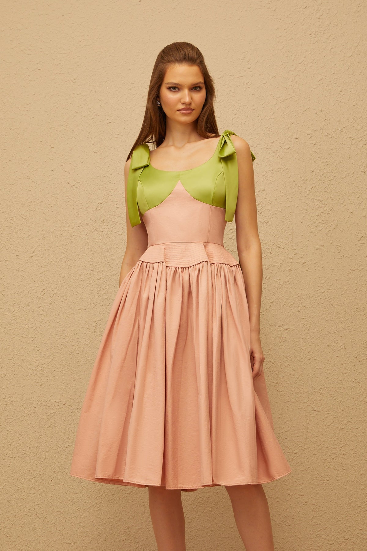 Abrielle Pink Satin Bowknot Strap Midi Dress
