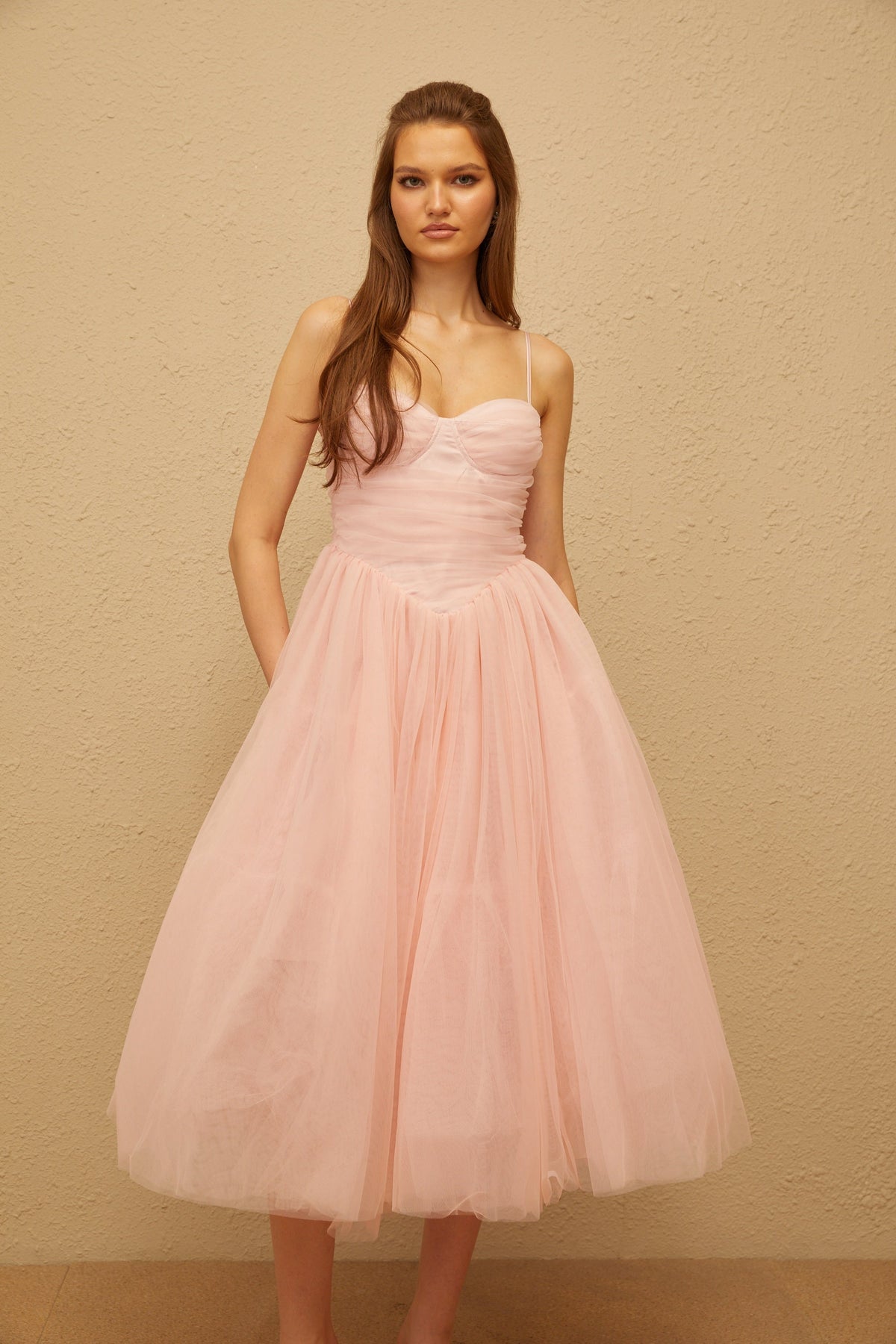 Apolline Pink Pleated Corset Tulle Midi Dress