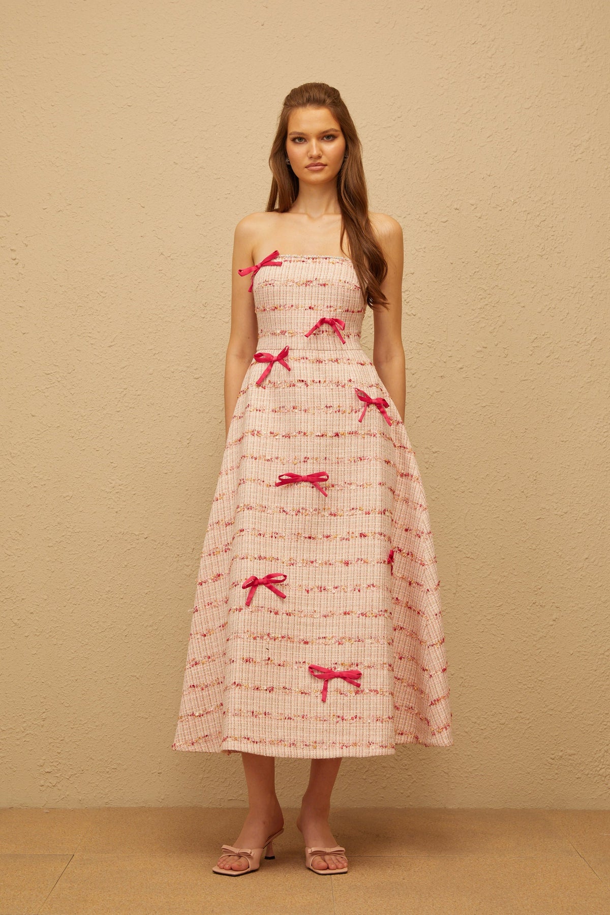 Fabienne Pink Bow Embellished Tweed Midi Dress (Final Sale-US Only)