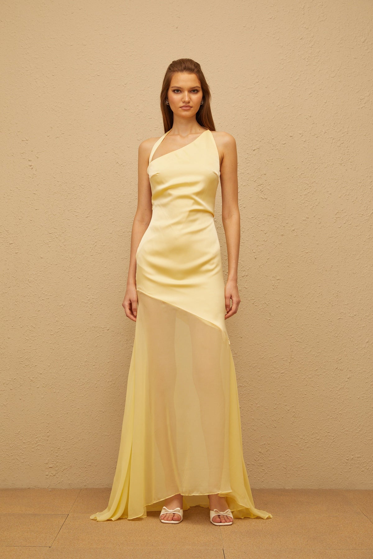 Chantal Yellow Asymmetrical Satin Maxi Dress (Final Sale)