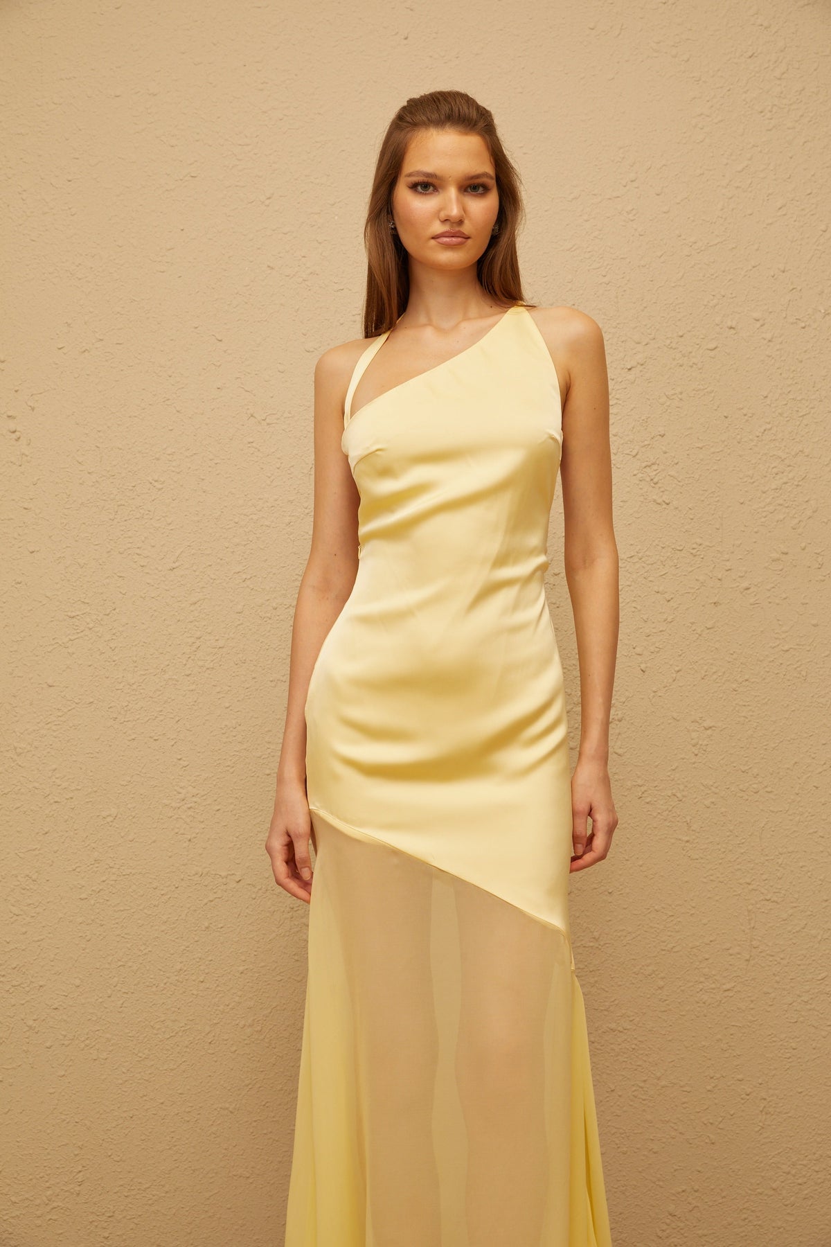 Chantal Yellow Asymmetrical Satin Maxi Dress (Final Sale)